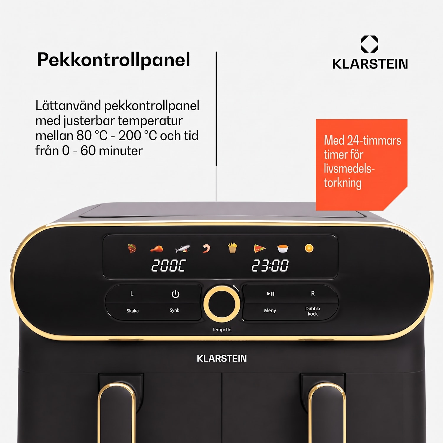 AuraAir Color Touch varmluftsfritös | 2 fack | 10 l | 1700 W | 80 - 200 °C | 8 program Svart / Antik Guld Metallic