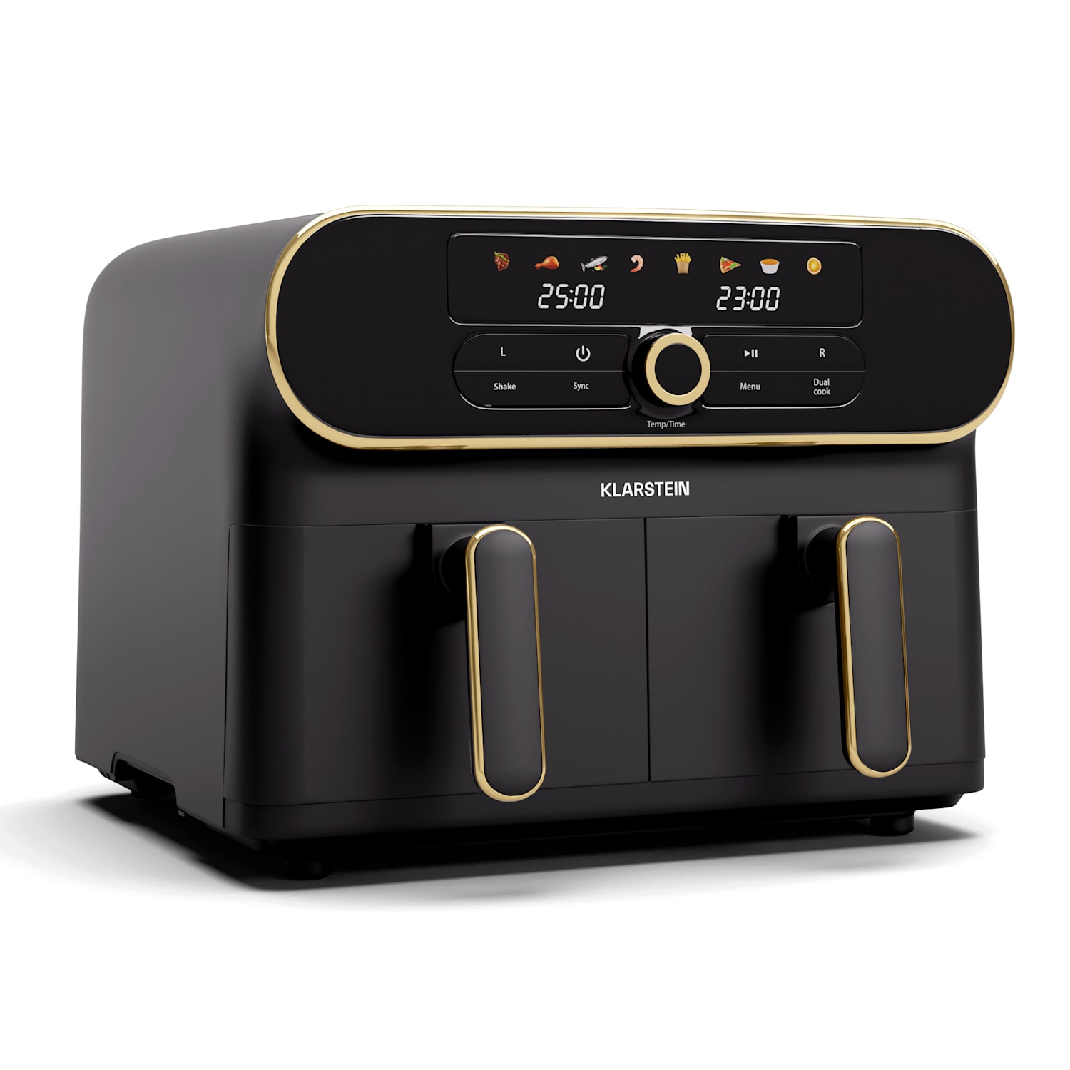 Фритюрник с горещ въздух AuraAir Color Touch, 2 камери, 11 л, 1700 W, 80 - 200 °C, 8 програми Черно / антично златно метално