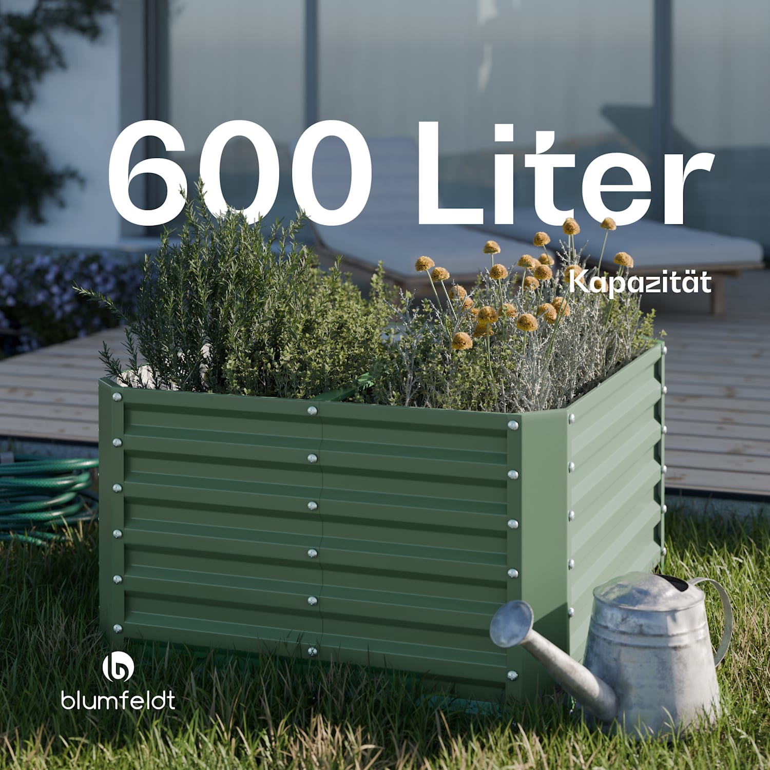 High Grow Straight Hochbeet | 600 L | Ergonomisch | Wetterfest | offene Bodenstruktur 100 x 100 x 60 cm | Grün