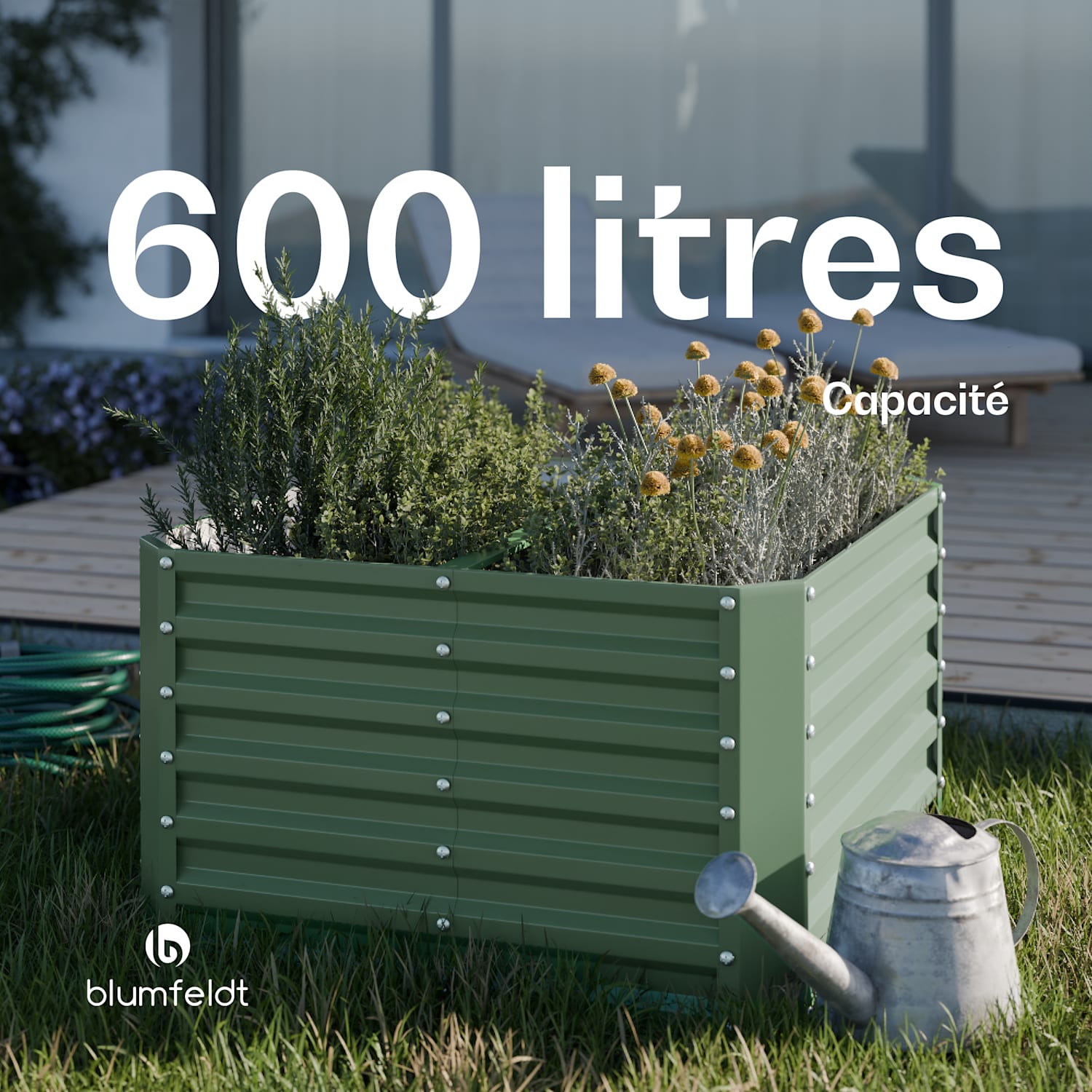 High Grow Straight Potager surélevé | 600 L | Ergonomique | Résistant aux intempéries | Structure de fond ouverte 100 x 100 x 60 cm | Vert