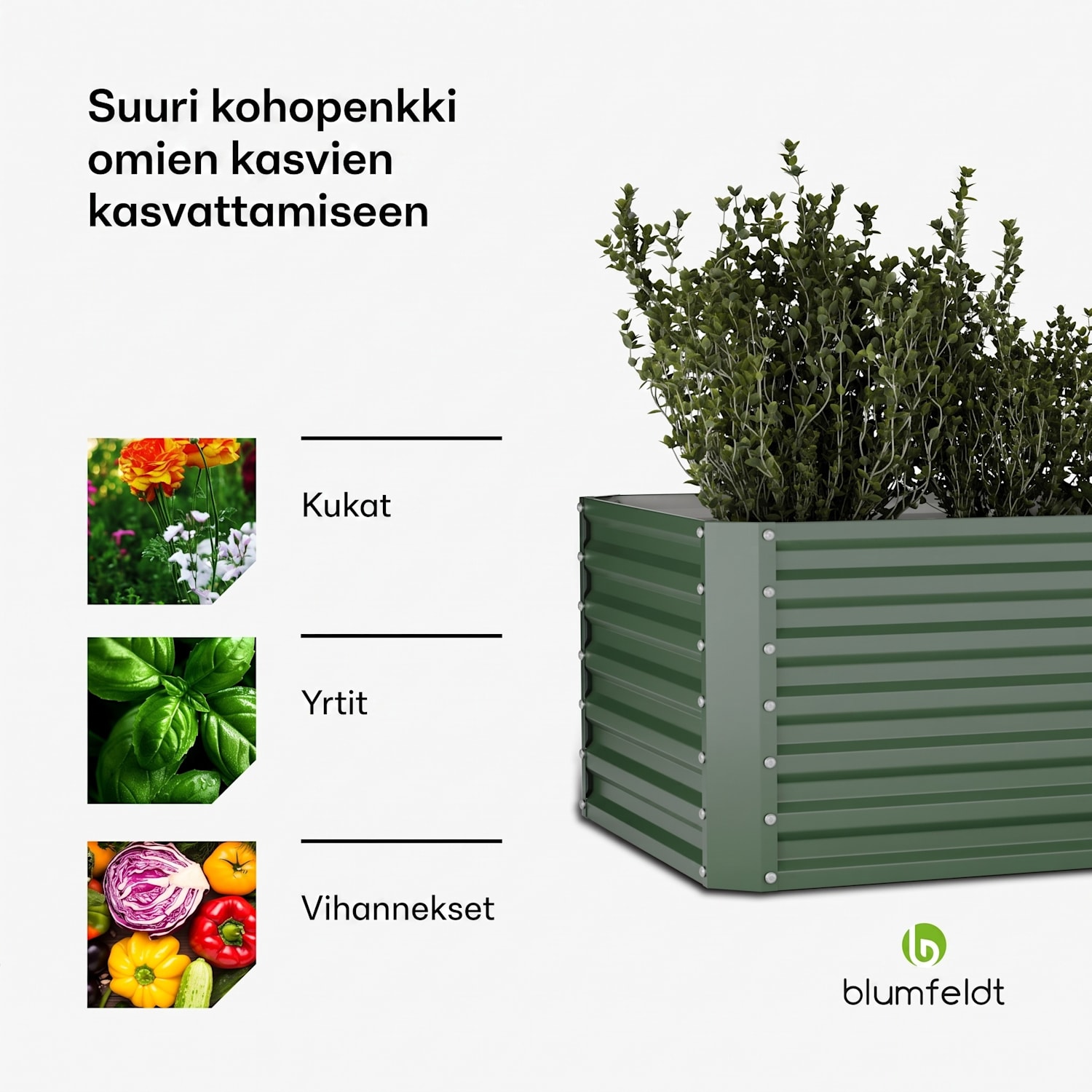 High Grow Straight -kohopenkki | 1200 l | ergonominen | säänkestävä | avoin pohjarakenne 200 x 100 x 60 cm | Vihreä
