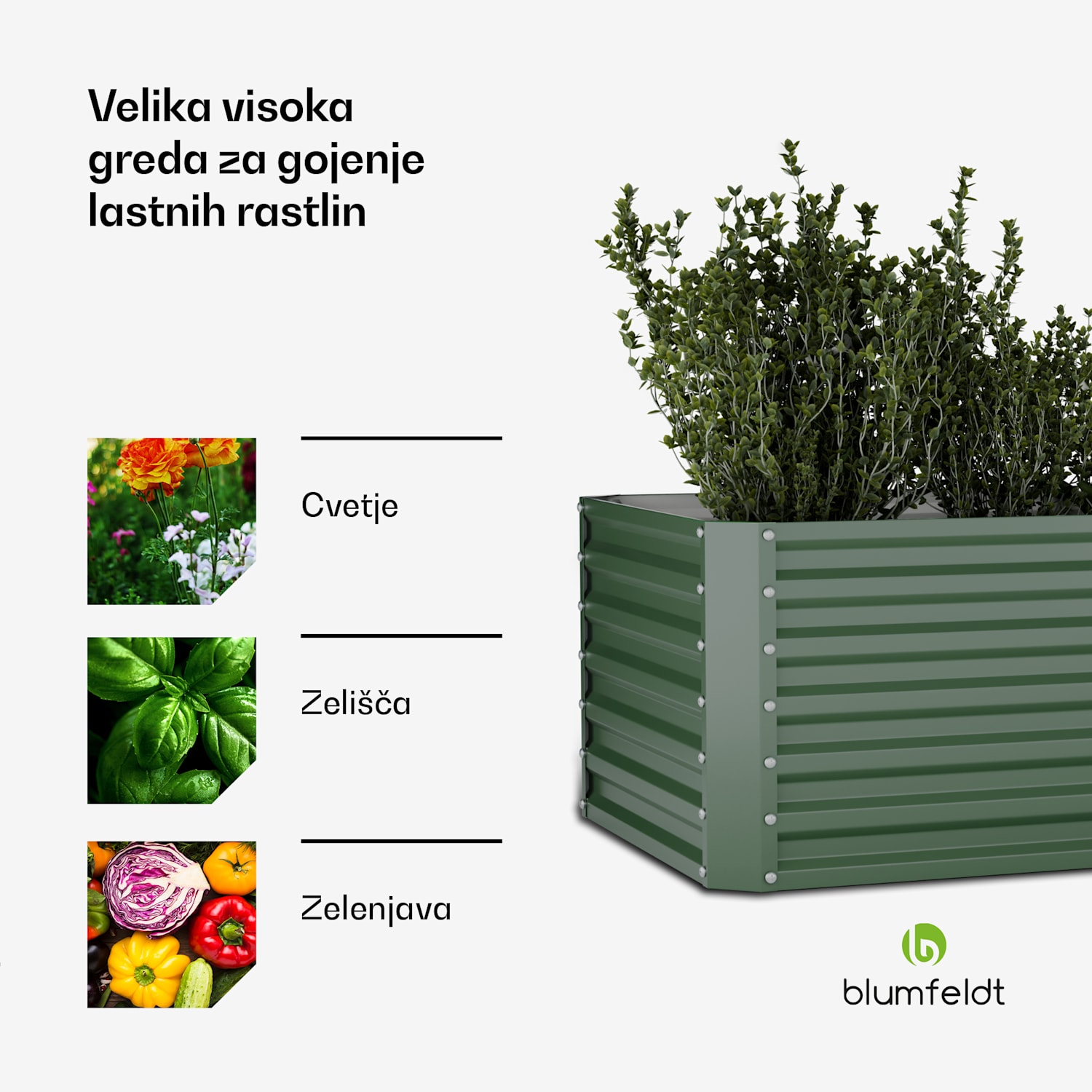 High Grow Straight dvignjena gredica, 1200 L, Ergonomska, Odporna na vremenske vplive, Odprto dno 200 x 100 x 60 cm | Zelena