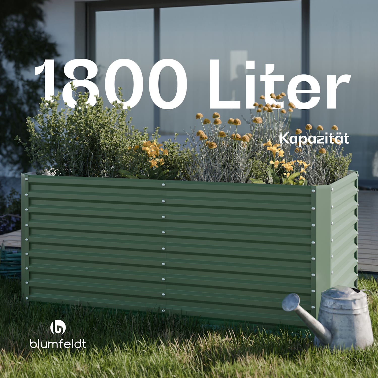 High Grow Straight Hochbeet | 1.800 L | Ergonomisch | Wetterfest | offene Bodenstruktur 200 x 100 x 90 cm | Grün