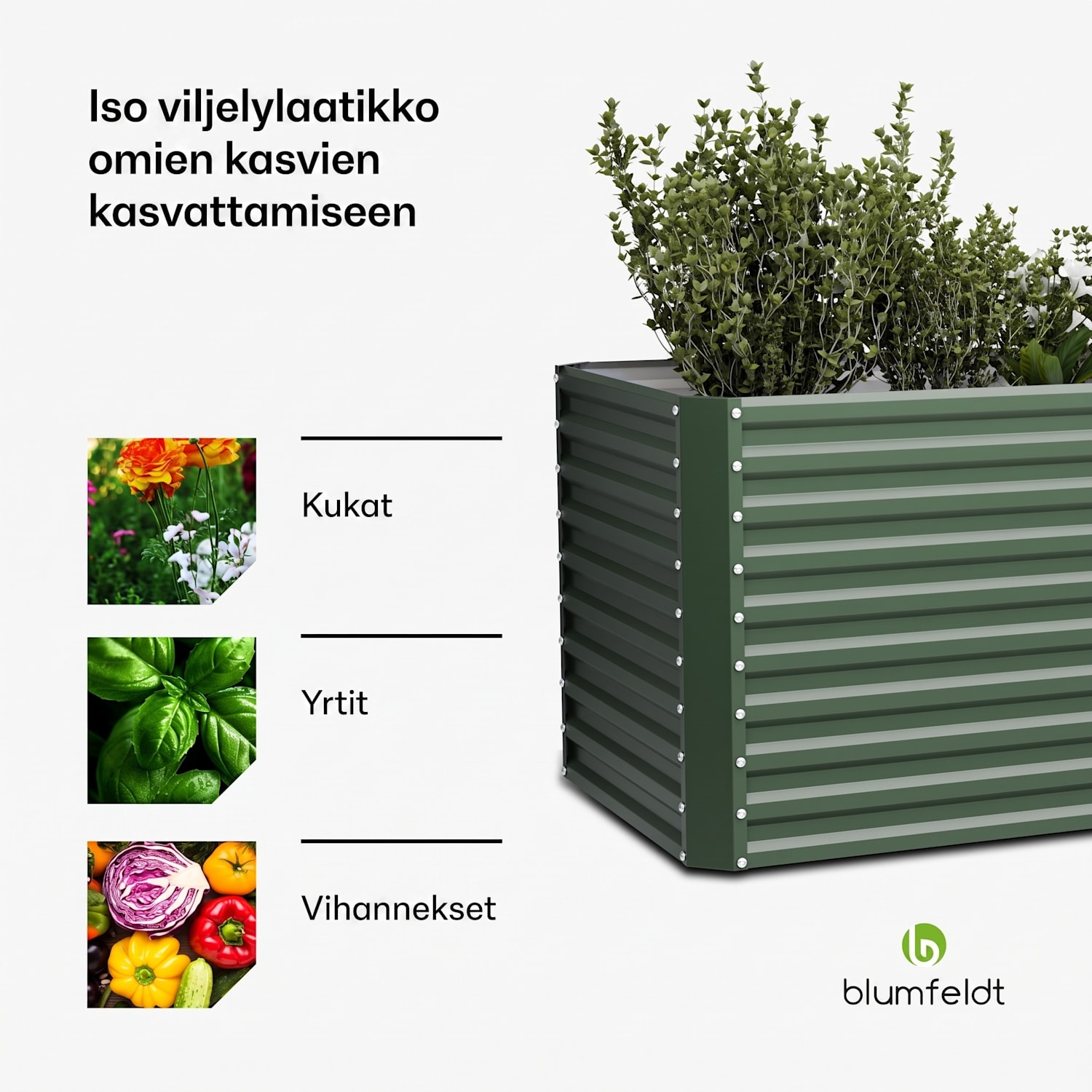 High Grow Straight -kohopenkki | 1800 l | ergonominen | säänkestävä | avoin pohjarakenne 200 x 100 x 90 cm | Vihreä