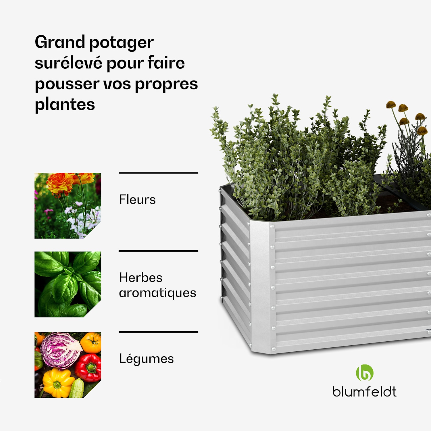 High Grow Straight Potager surélevé | 1440 L | Ergonomique | Résistant aux intempéries | Structure de fond ouverte 240 x 100 x 60 cm | Argent