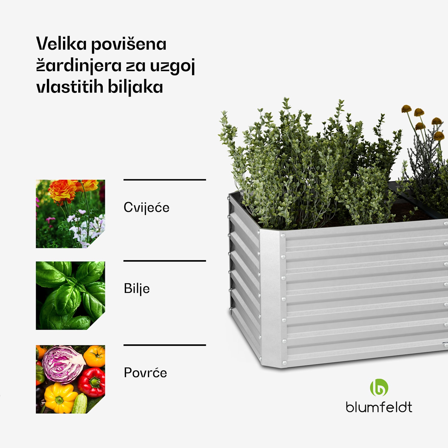 High Grow Ravni podignuti krevet, 1440 L, Ergonomski, Otporan na vremenske uvjete, Otvorena baza 240 x 100 x 60 cm | Srebro