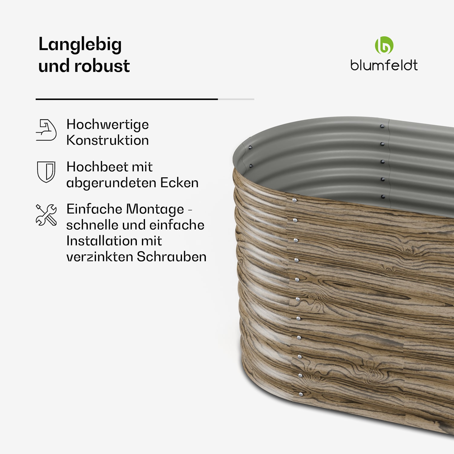 High Grow Hochbeet | 913 L | Ergonomisch | Wetterfest | offene Bodenstruktur | oval 160 x 80 x 80 cm | Holzoptik