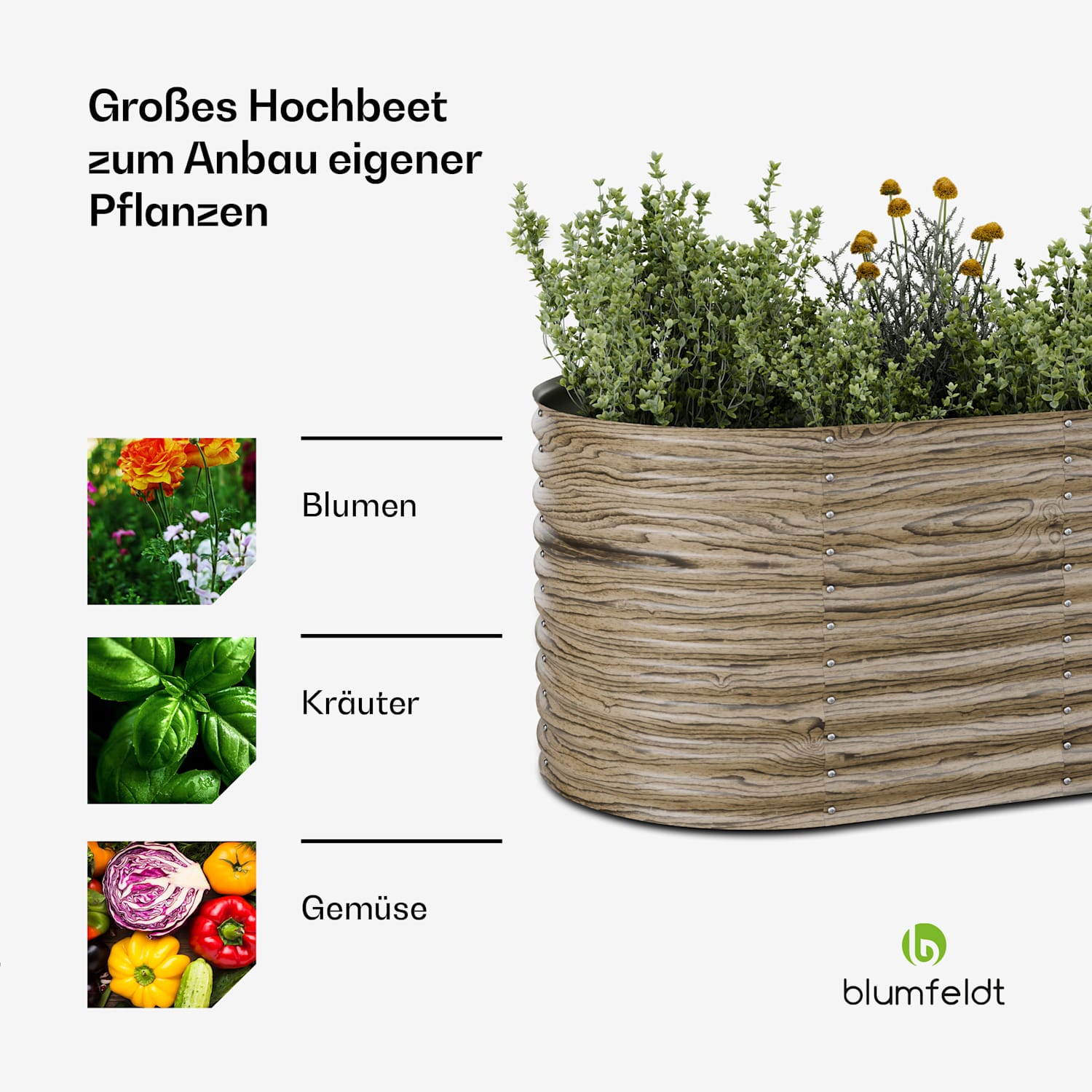 High Grow Hochbeet | 1.169 L | Ergonomisch | Wetterfest | offene Bodenstruktur | oval 200 x 100 x 80 cm | Holzoptik