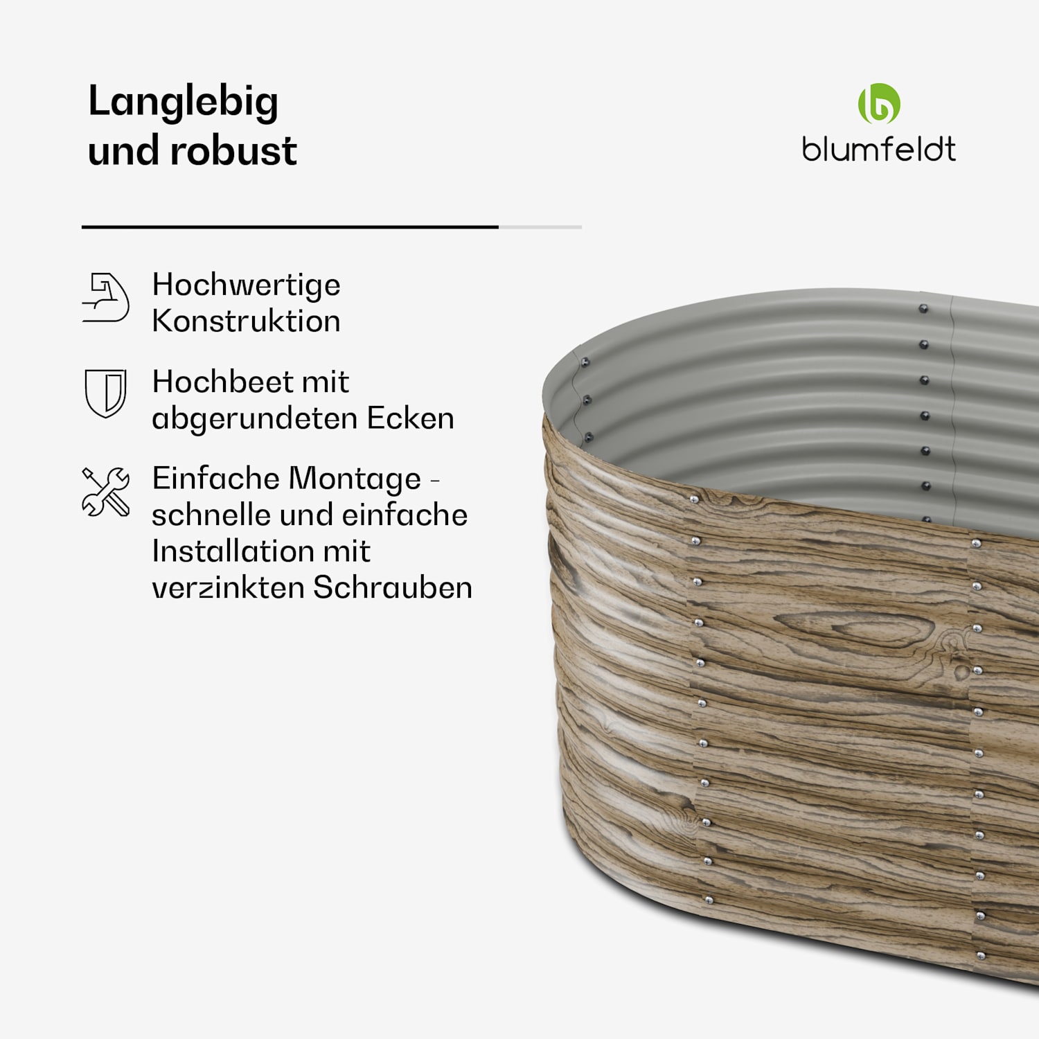High Grow Hochbeet | 1.169 L | Ergonomisch | Wetterfest | offene Bodenstruktur | oval 200 x 100 x 80 cm | Holzoptik