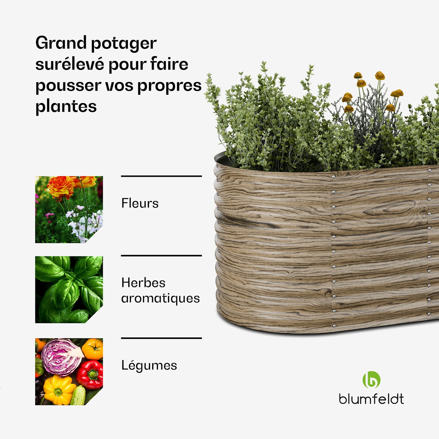 High Grow verhoogde kweekbak | 1.169 L | ergonomisch | weerbestendig | open bodemstructuur | ovaal 200 x 100 x 80 cm | Houtlook