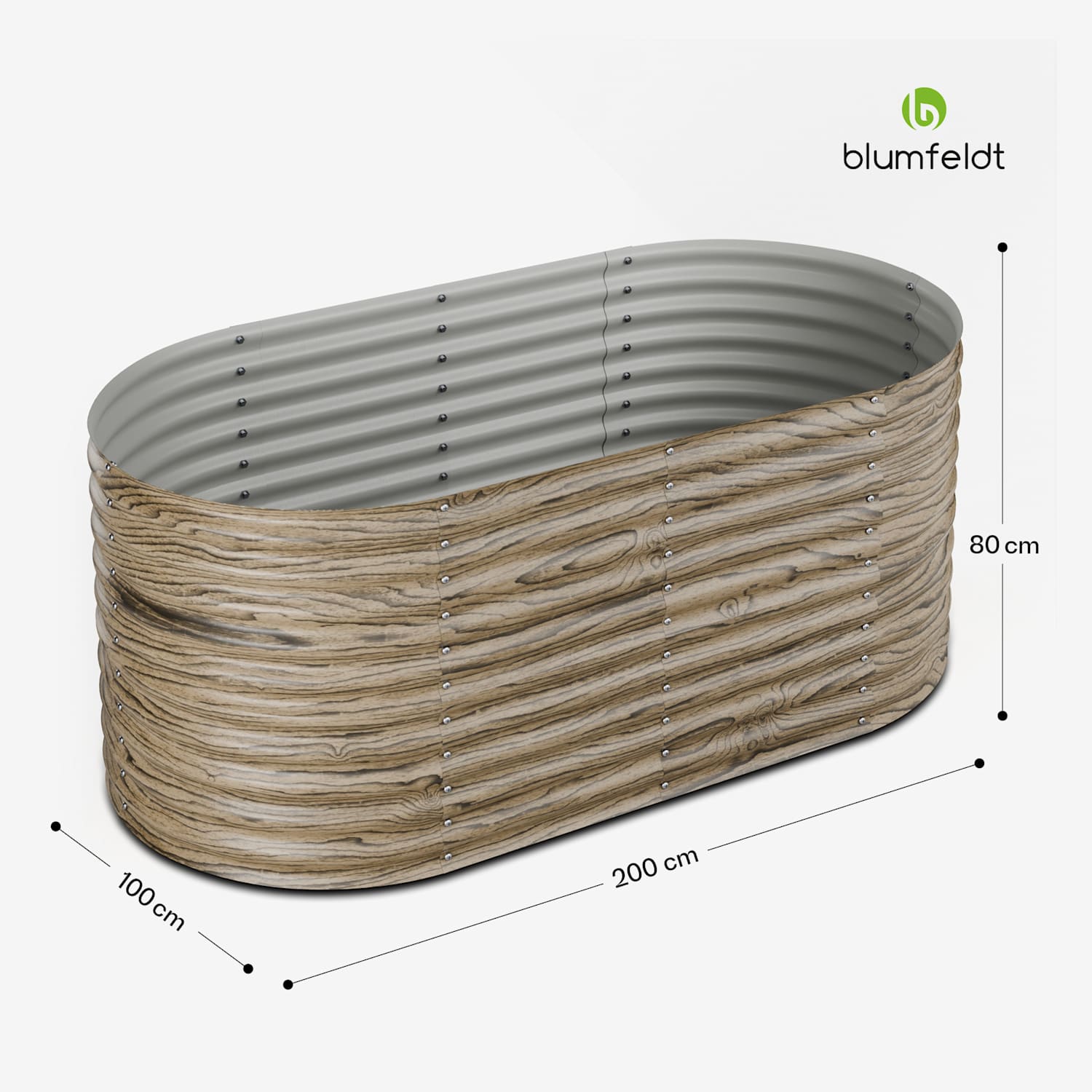 High Grow cama elevada | 1.169 L | ergonómica | resistente a la intemperie | estructura inferior abierta | ovalada 200 x 100 x 80 cm | aspecto madera