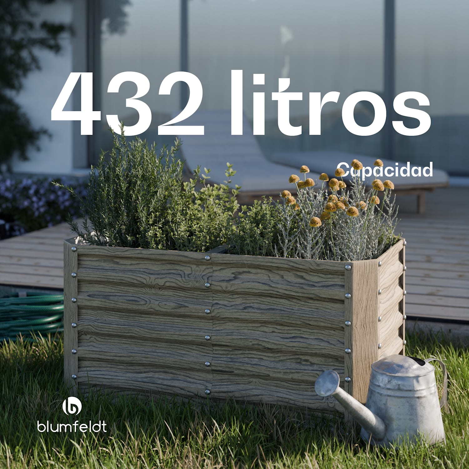Lecho elevado recto High Grow | 432 L | Ergonómico | Resistente a la intemperie | Estructura de base abierta 120 x 60 x 60 cm | aspecto madera