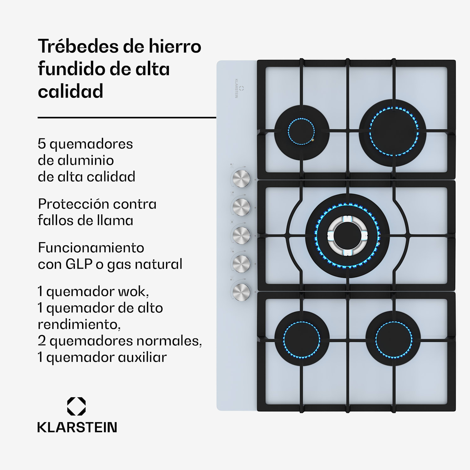 Placa de gas Ignito | 5 zonas | eléctrico Encendido | Wok | para gas licuado o natural 75 cm | Blanco