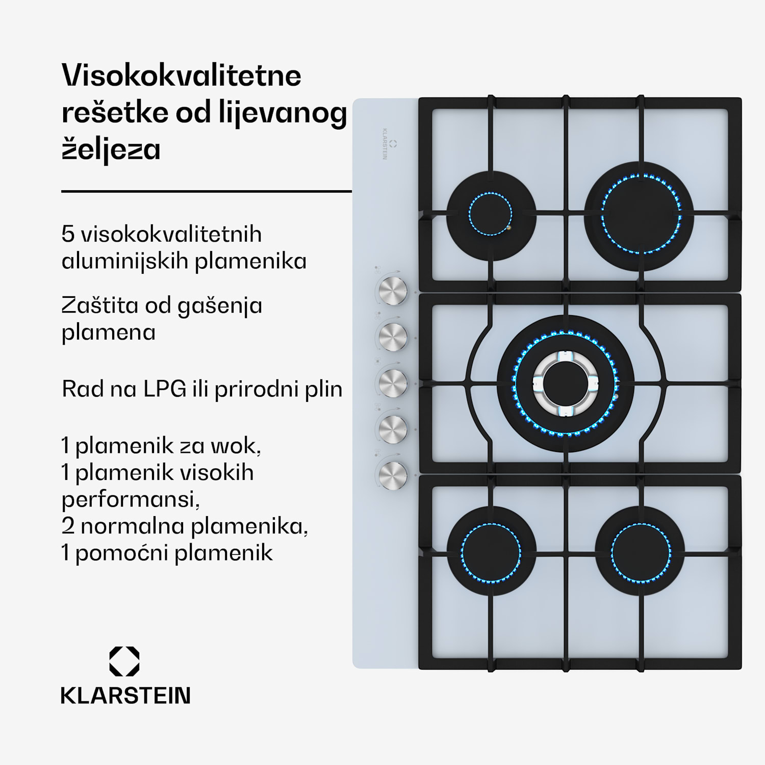 Ignito 5-zonska plinska ploča za kuhanje, 5 plamenika, elektr. paljenje, Wok, na tekući ili prirodni plin 75 cm | Bijela