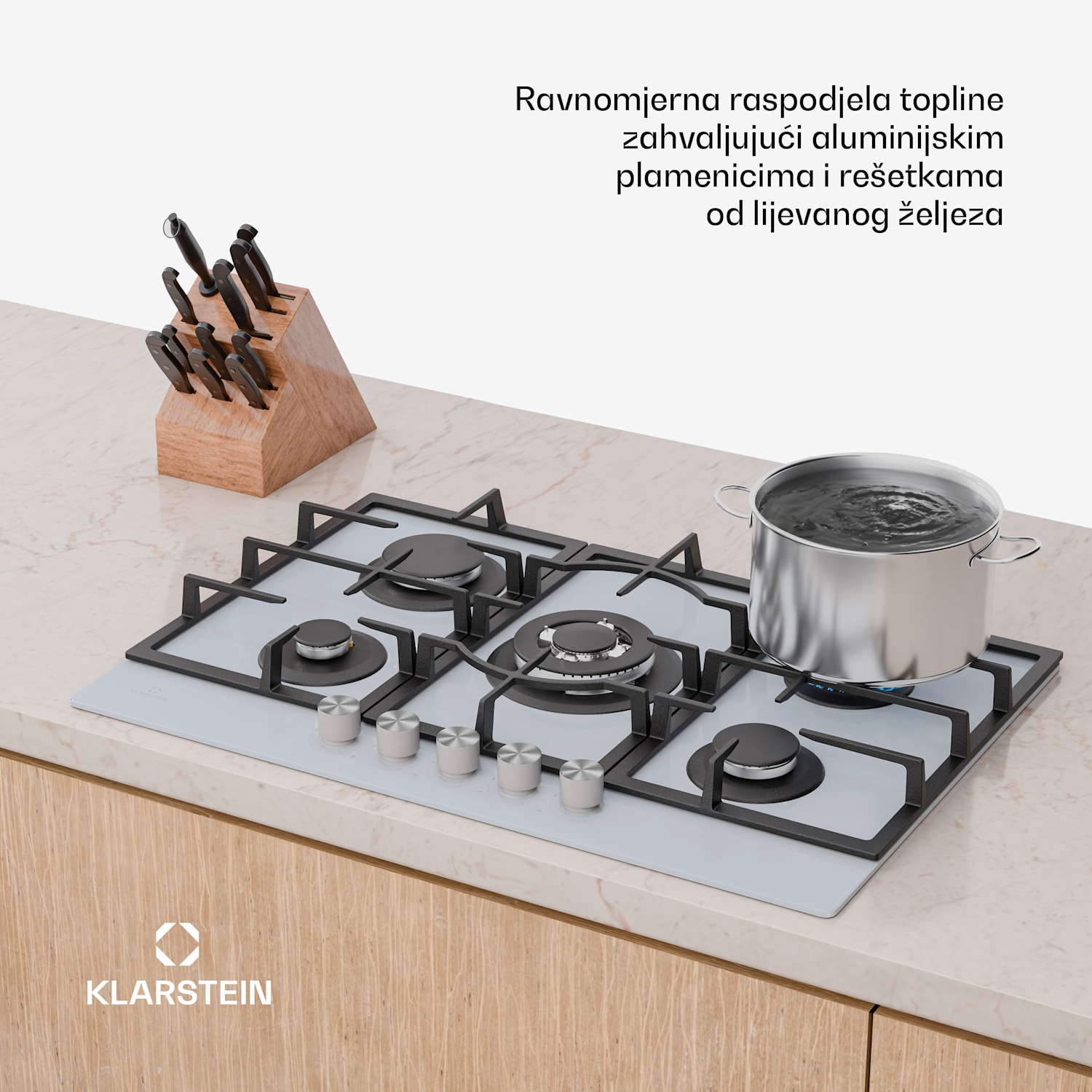 Ignito 5-zonska plinska ploča za kuhanje, 5 plamenika, elektr. paljenje, Wok, na tekući ili prirodni plin 75 cm | Bijela