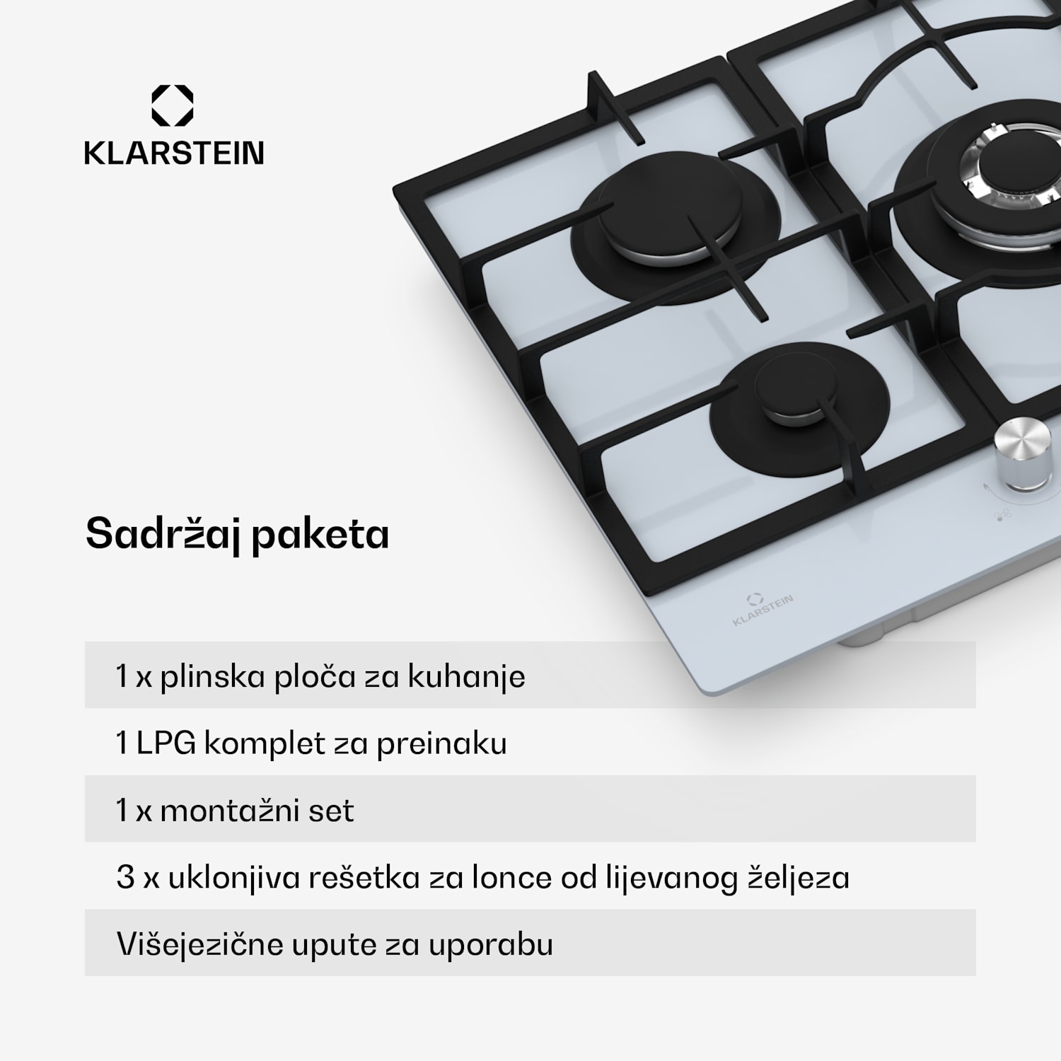 Ignito 5-zonska plinska ploča za kuhanje, 5 plamenika, elektr. paljenje, Wok, na tekući ili prirodni plin 75 cm | Bijela