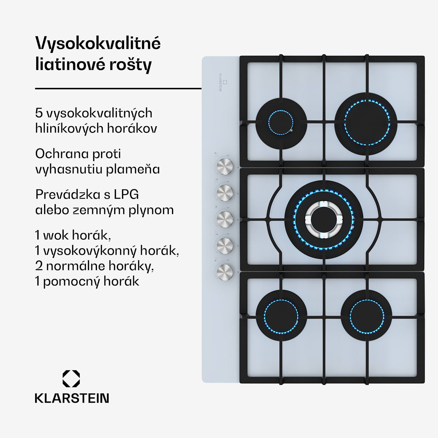 Ignito 5-zónová plynová varná doska, 5 Horákov, elektr. zapaľovanie, Wok, na skvapalnený alebo zemný plyn 75 cm | Biela