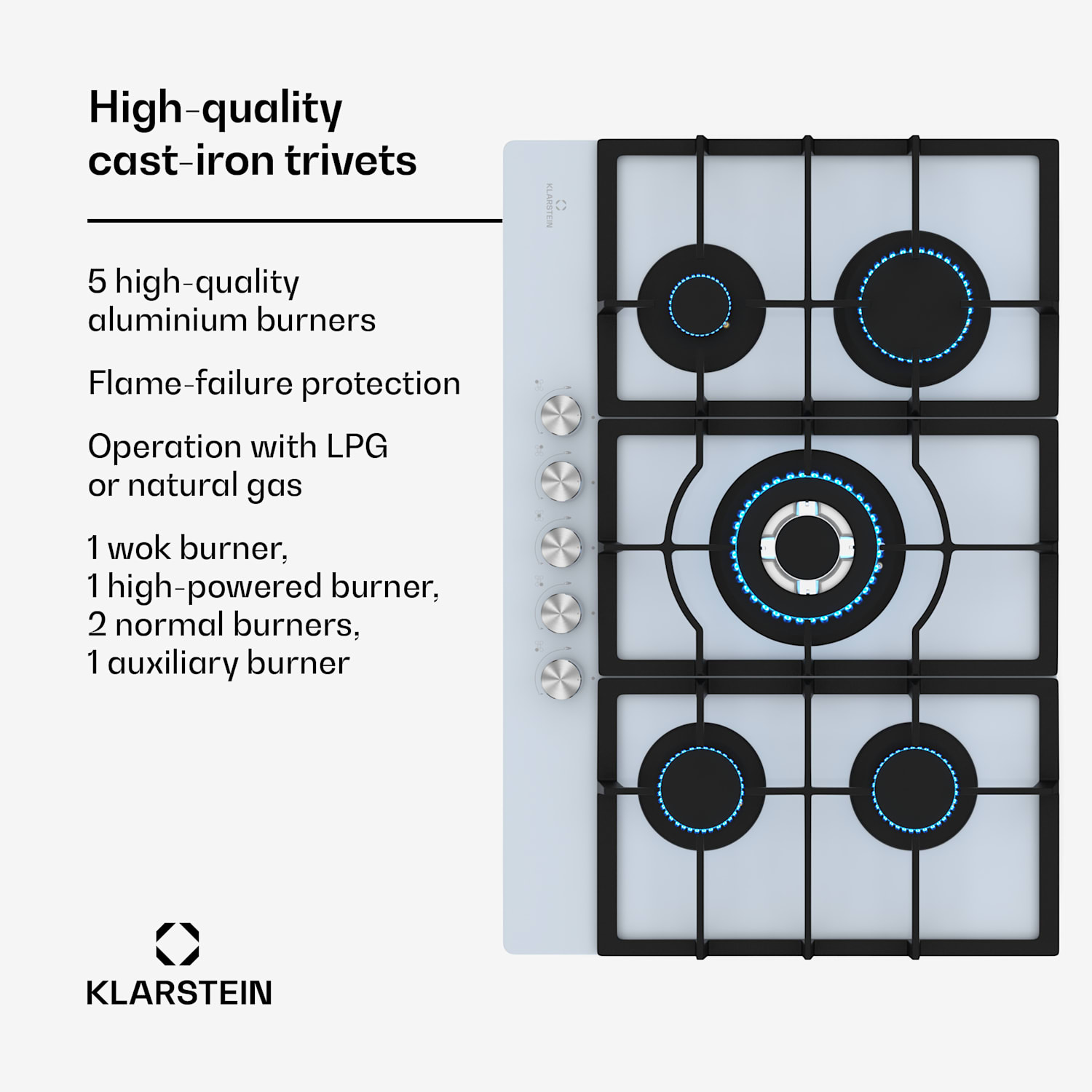 Ignito 5-zone gaskookplaat | 5 branders | elektr. ontsteking | wok | voor vloeibaar en aardgas 75 cm | Wit