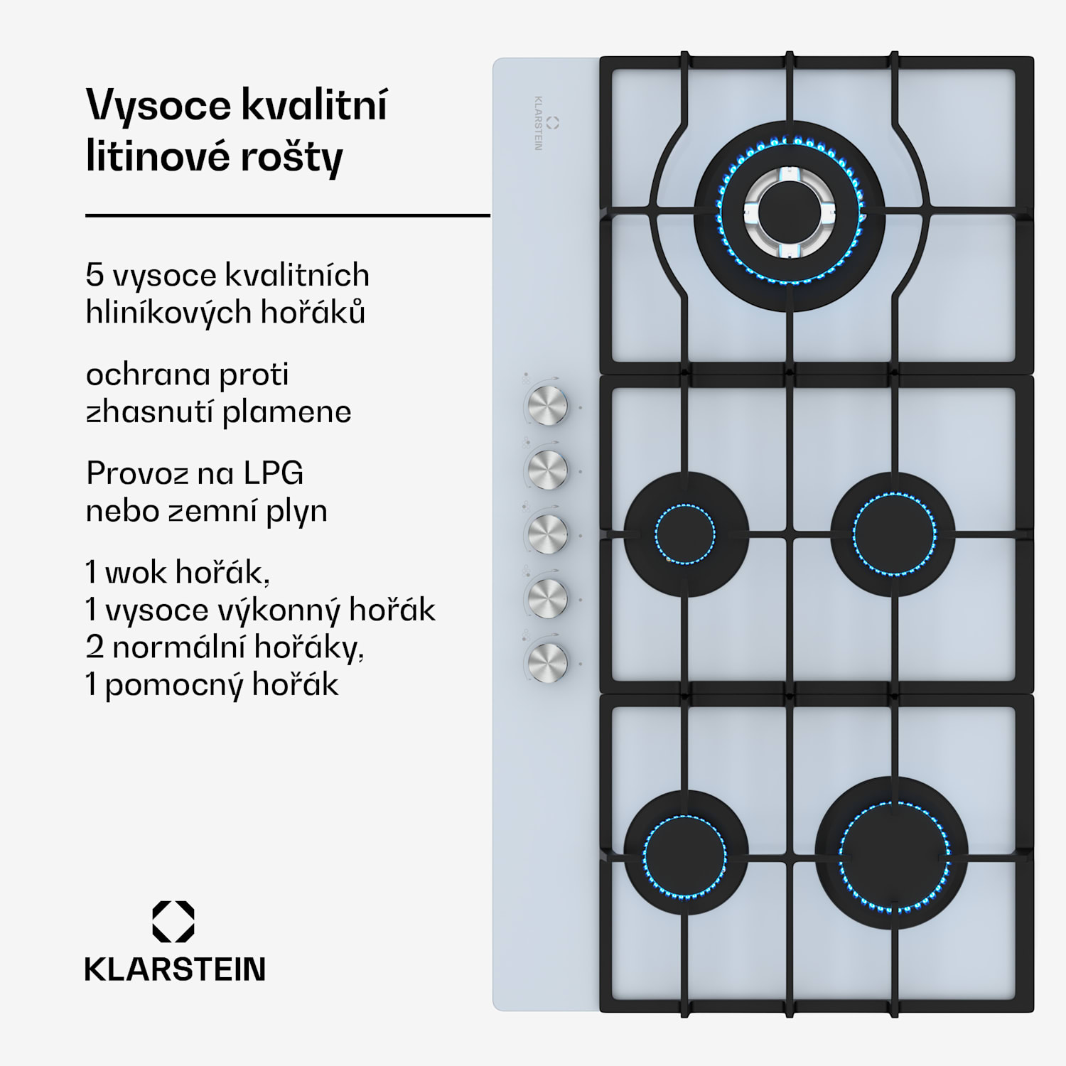 Ignito 5zónová plynová varná deska, 5 Hořáků, elektr. zapalování, Wok, pro zkapalněný nebo zemní plyn 90 cm | Bílá