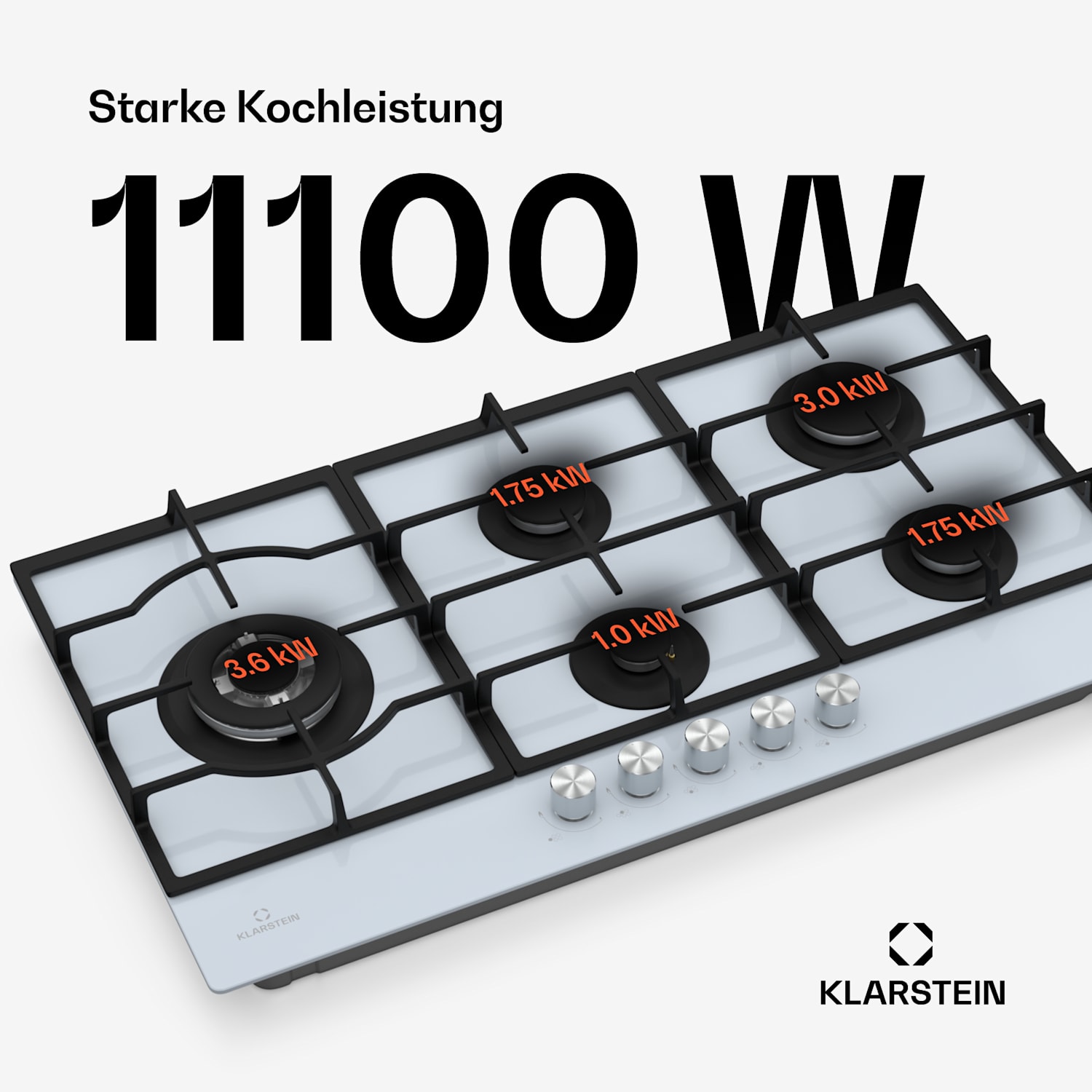 Ignito Chef Edition - Piano cottura a gas | 5 bruciatori | Ignizione elettrica | Wok | Per GPL o metano 90 cm | Bianco