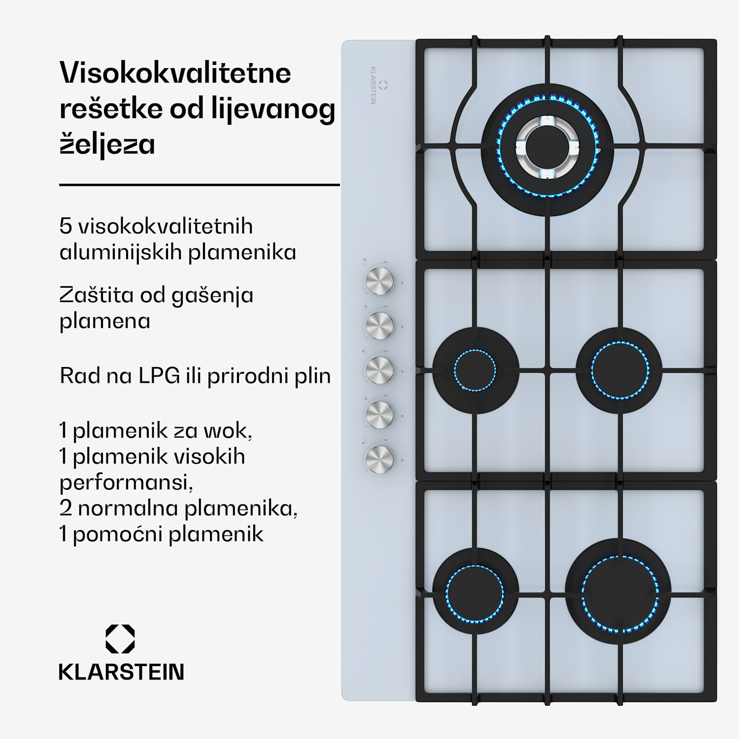 Ignito Chef Edition plinska ploča za kuhanje, 5 plamenika, elektr. paljenje, Wok, na tekući ili prirodni plin 90 cm | Bijela