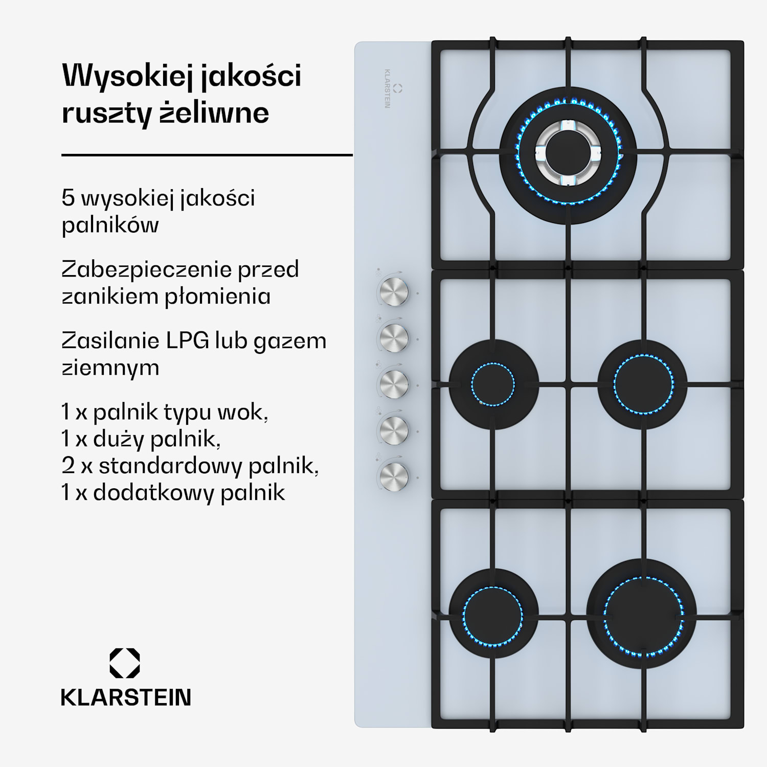 Ignito Chef Edition płyta gazowa, 5 palników, zapłon elektroniczny wok, gaz płynny lub ziemny 90 cm | Biały