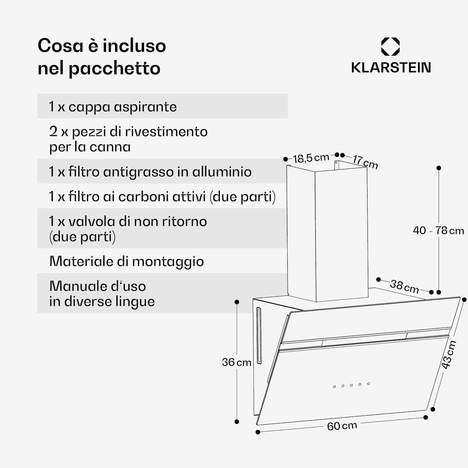 Alina - Cappa aspirante | 60 cm | 600 m³/ora | Silenziosa | Classe energetica A 60 cm | Bianco