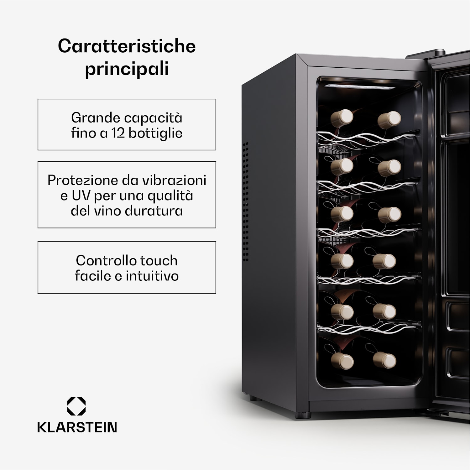 Silent Vino 12 Uno Slim cantinetta vino, 30 l / 12 bottiglie, 5-18 °C, touch 30 Ltr | 1 zona di raffreddamento | Nero
