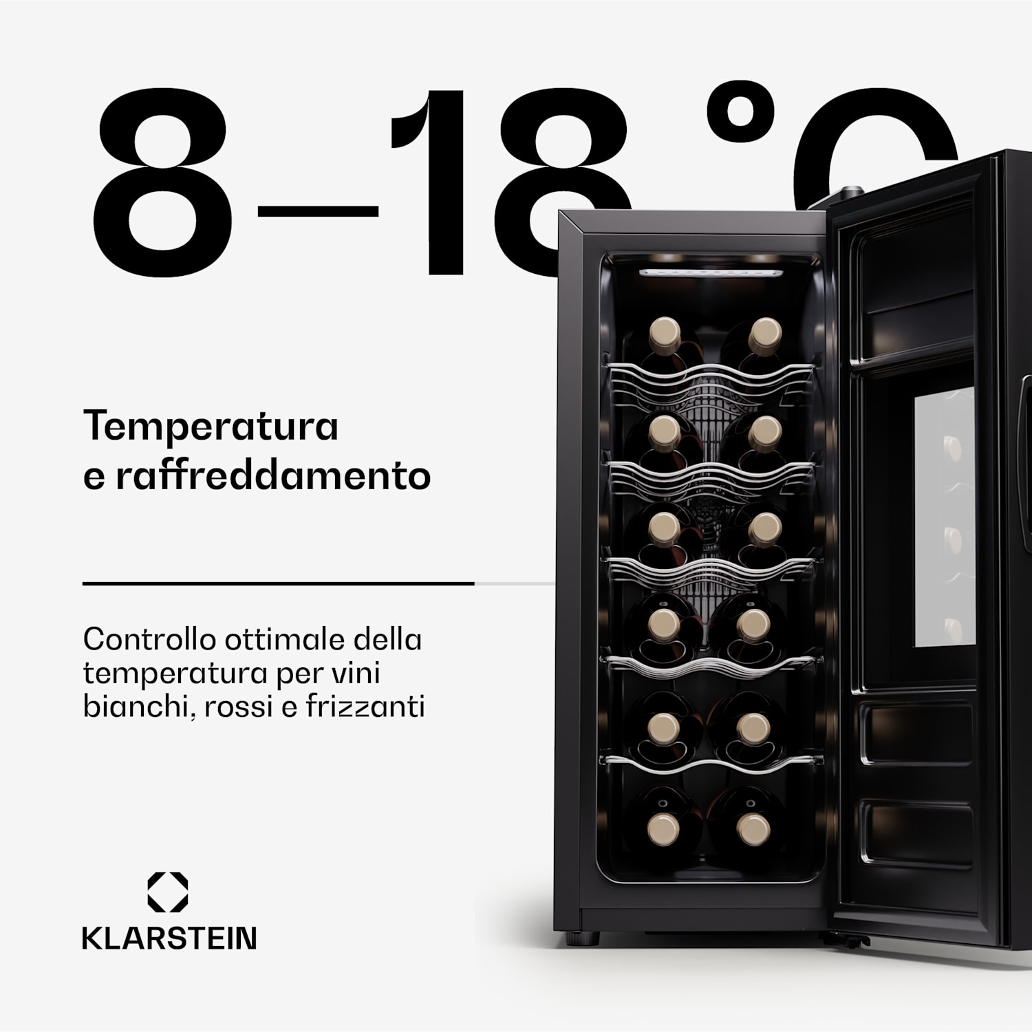 Silent Vino 12 Uno Slim cantinetta vino, 30 l / 12 bottiglie, 5-18 °C, touch 30 Ltr | 1 zona di raffreddamento | Nero