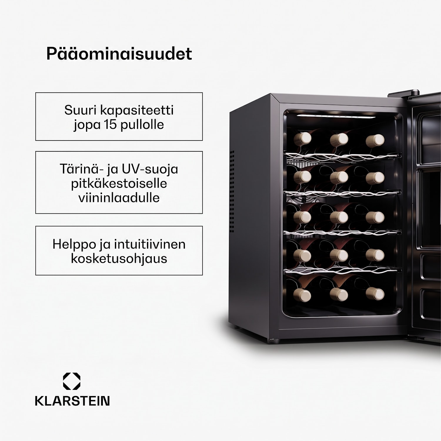 Silent Vino 15 Uno viinikaappi 41 l / 15 pullolle 5 - 18 °C kosketus 39 Ltr | 1 jäähdytysalue | Musta
