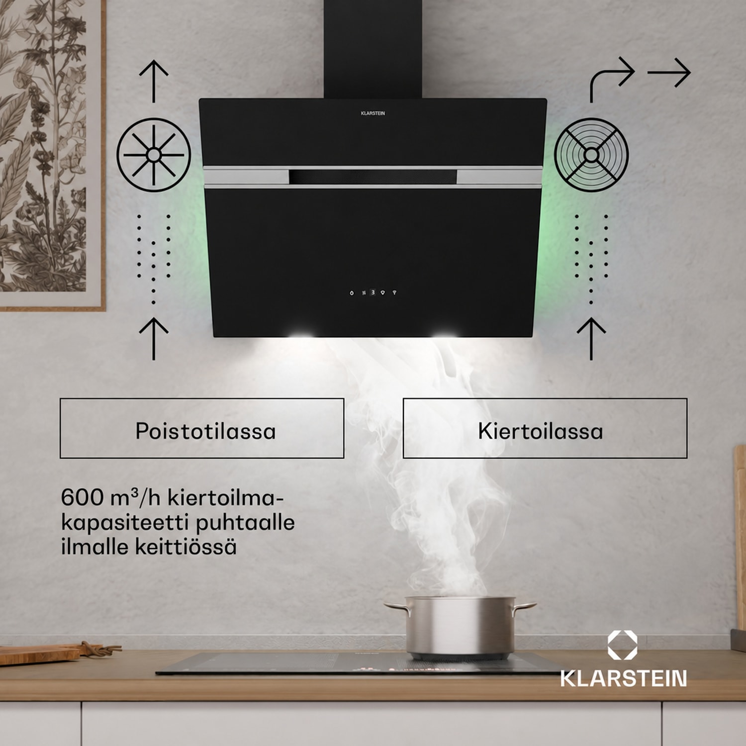 Alina liesituuletin | 60 cm | Älykäs | 600 m³/h | Hiljainen | EEK A 60 cm | Kyllä | Musta / Hopea Metallinen