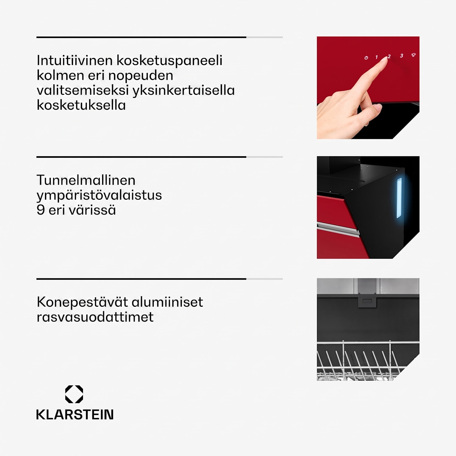 Alina liesituuletin | 60 cm | 600 m³/h | Hiljainen | EEK A 60 cm | Ei | Punainen / Hopea Metallinen