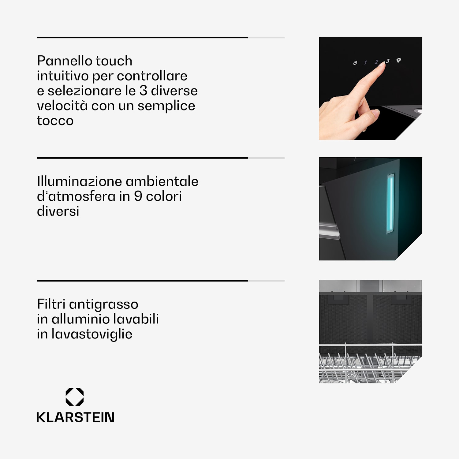 Alina - Cappa aspirante | 80 cm | 600 m³/ora | Silenziosa | Classe energetica A 80 cm | Nero