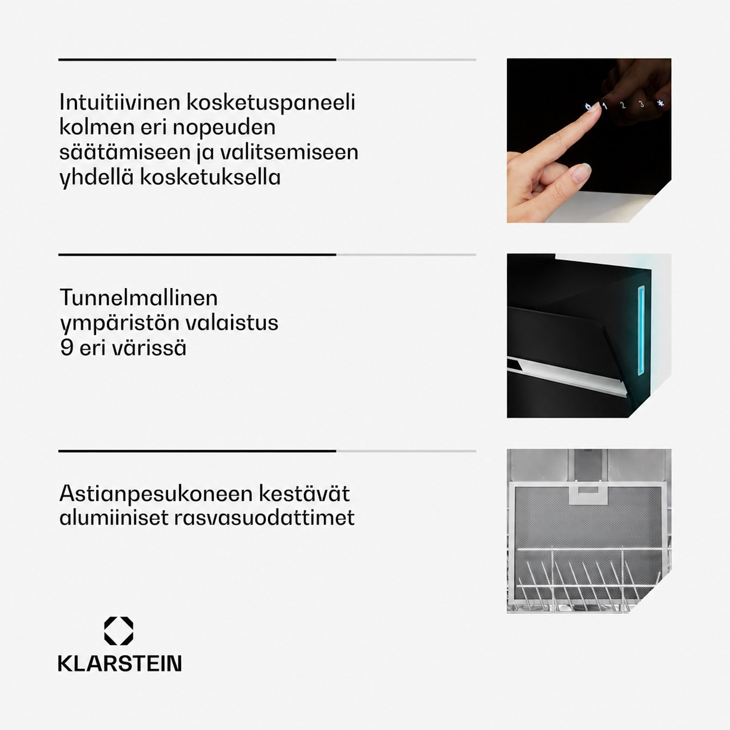 Alina liesituuletin | 90 cm | 615 m³/h | Hiljainen | EEK A 90 cm | Ei | Musta / Hopea Metallinen