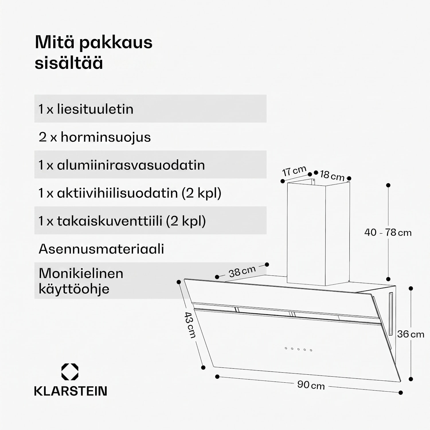 Alina liesituuletin | 90 cm | 615 m³/h | Hiljainen | EEK A 90 cm | Ei | Musta / Hopea Metallinen