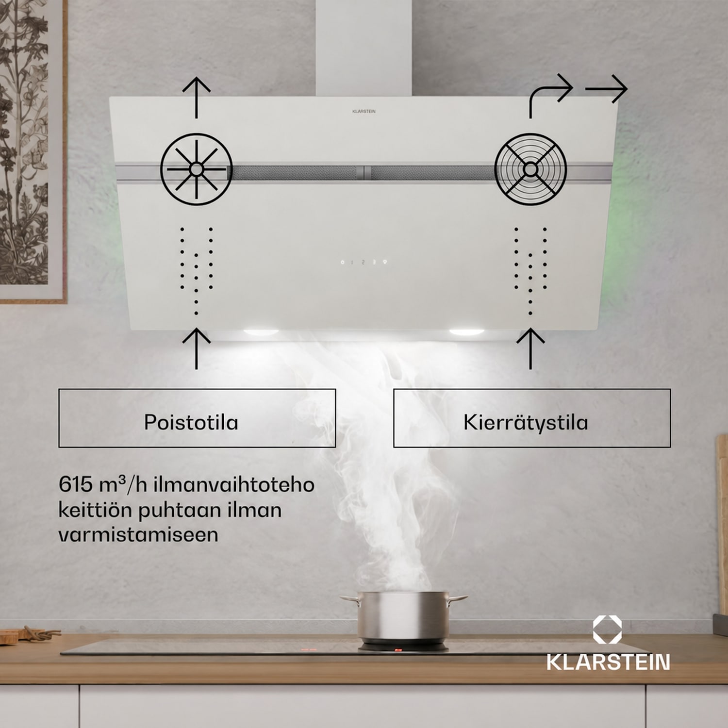 Alina liesituuletin | 90 cm | 615 m³/h | Hiljainen | Energialuokka A 90 cm | Ei | Valkoinen / Hopea Metallinen