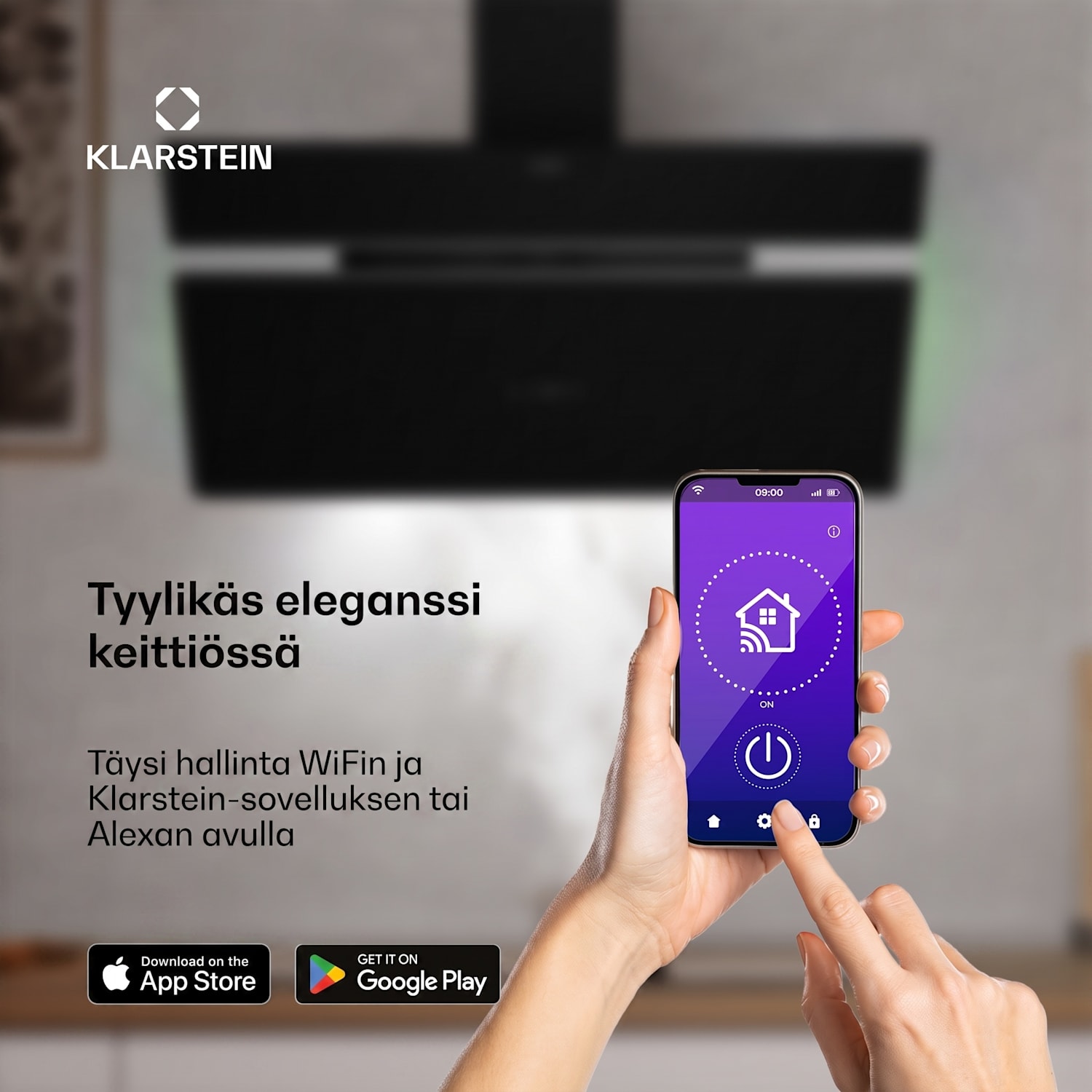 Alina liesituuletin | 90 cm | Älykäs | 615 m³/h | Hiljainen | EEK A 90 cm | Kyllä | Musta / Hopea Metallinen