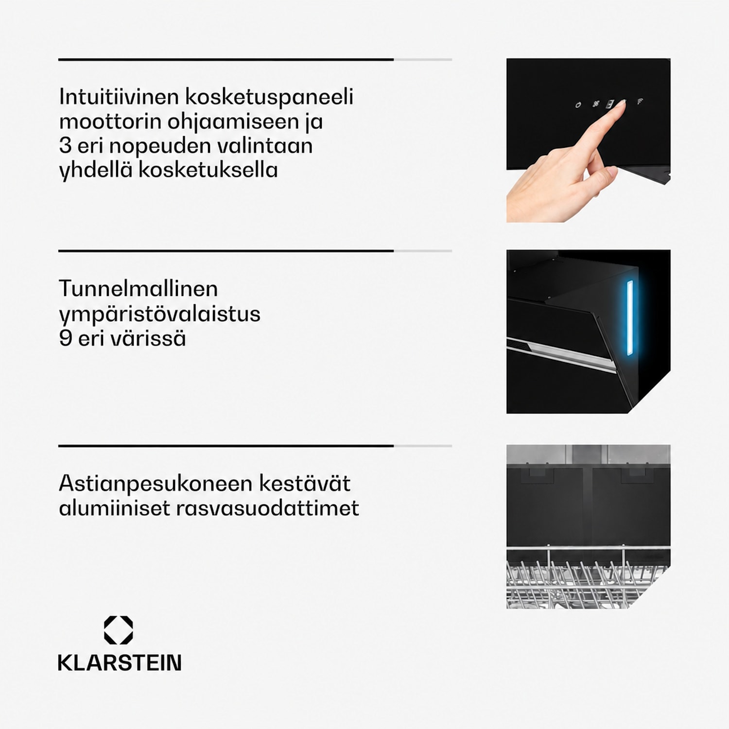 Alina liesituuletin | 90 cm | Älykäs | 615 m³/h | Hiljainen | EEK A 90 cm | Kyllä | Musta / Hopea Metallinen