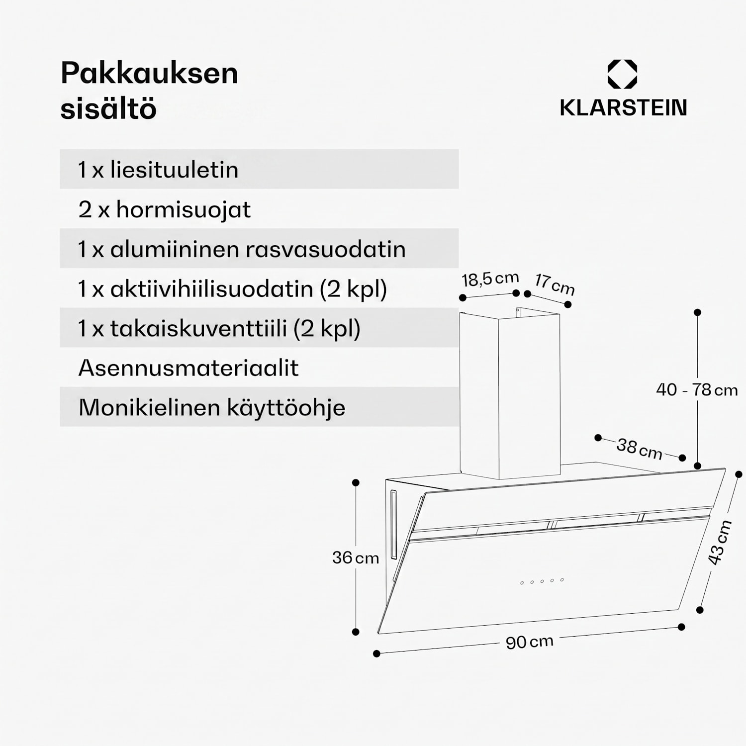 Alina liesituuletin | 90 cm | Älykäs | 615 m³/h | Hiljainen | EEK A 90 cm | Kyllä | Musta / Hopea Metallinen
