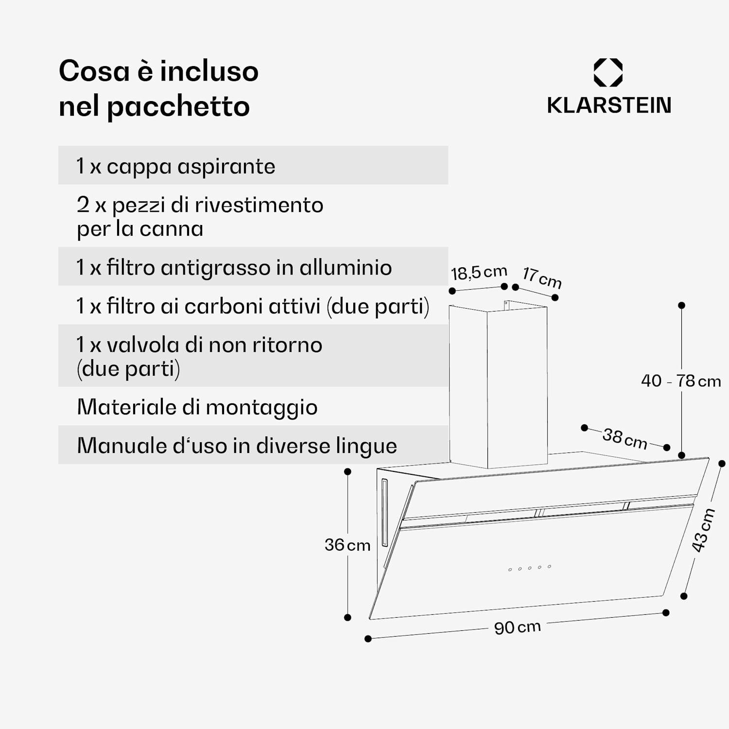 Alina - Cappa aspirante | 90 cm | 690 m³/ora | Silenziosa | Classe energetica A++ 