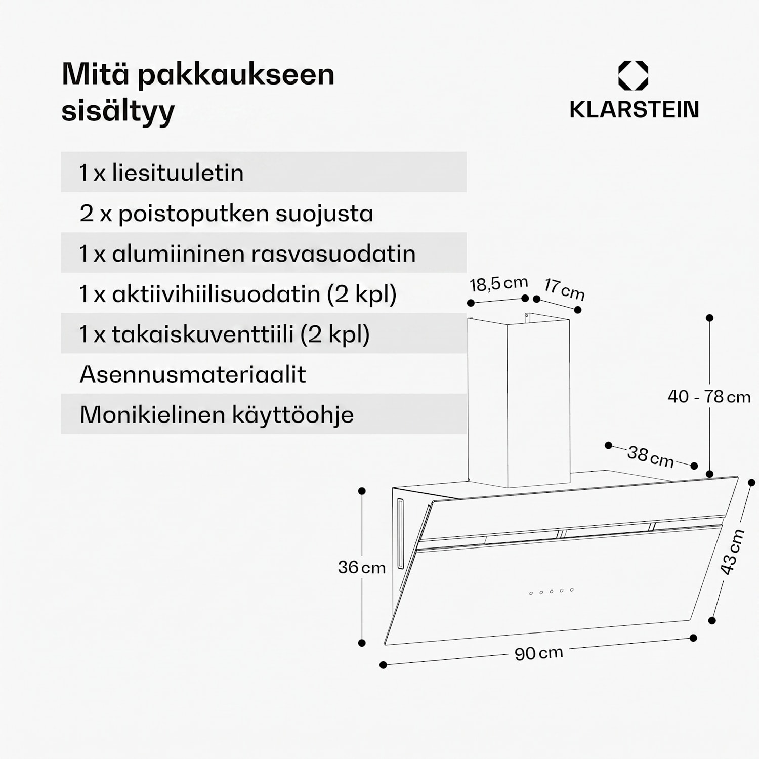 Alina liesituuletin | 90 cm | 689 m³/h | Hiljainen | EEK A++ 90 cm | Kyllä | Valkoinen