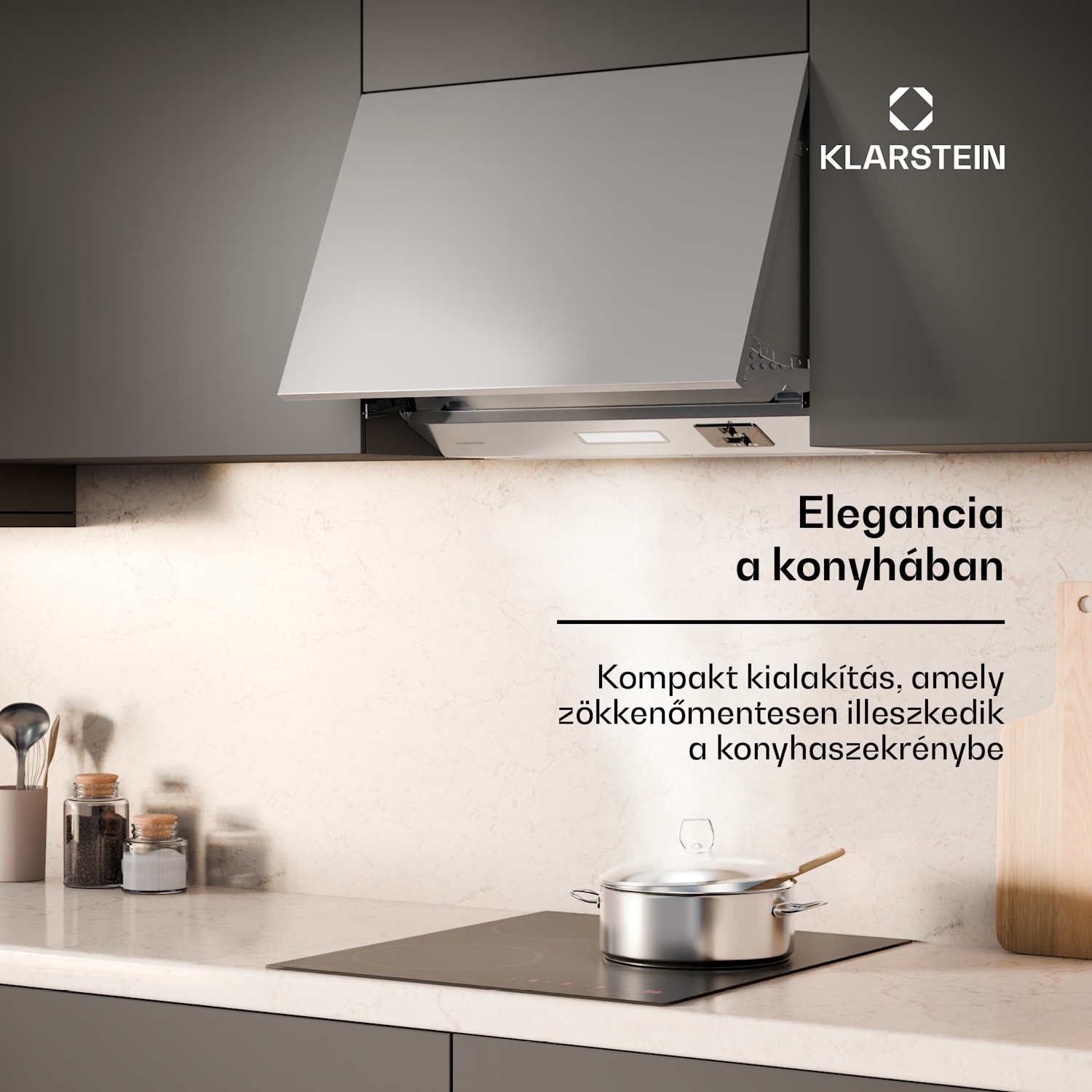 Swift Square páraelszívó, beépített páraelszívó, 402 m³/h, EEK C, Elszívás/Recirkuláció, LED 60 cm | Ezüst metál