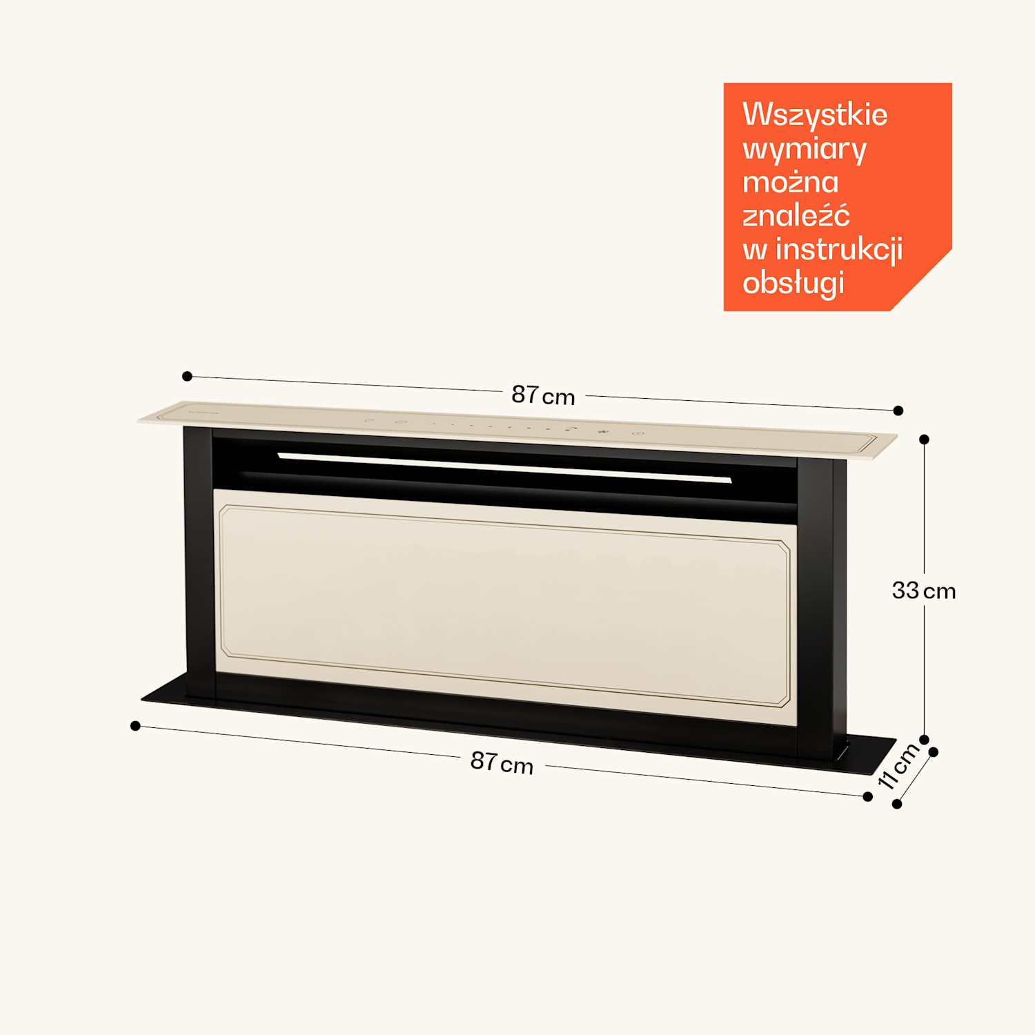Okap kuchenny Victoria Downdraft | 90 cm | A++ | 3 stopnie | do 713,8 m³/h | 120 W 90 cm | Kremowy