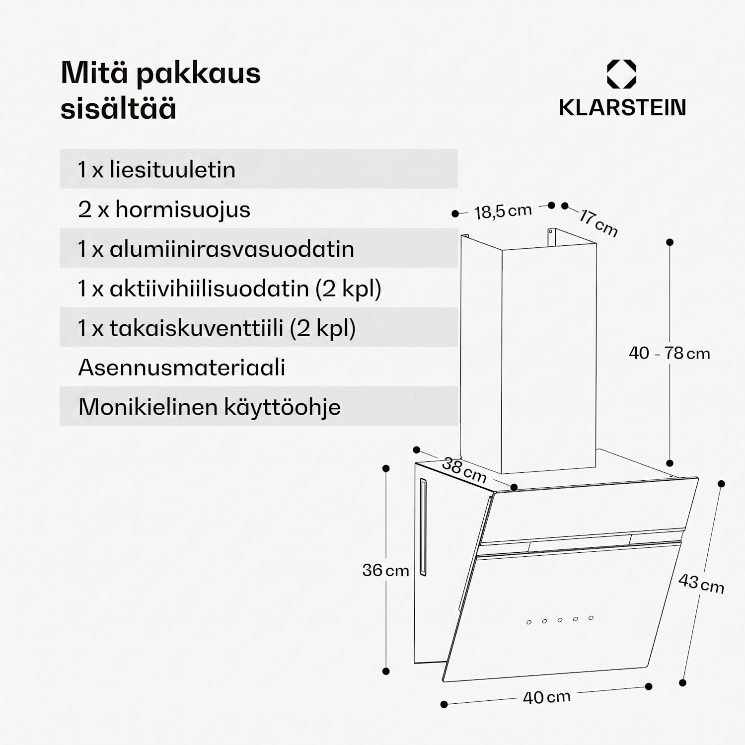 Alina liesituuletin | 40 cm | 570 m³/h | Hiljainen | EEK A 40 cm | Ei | Musta