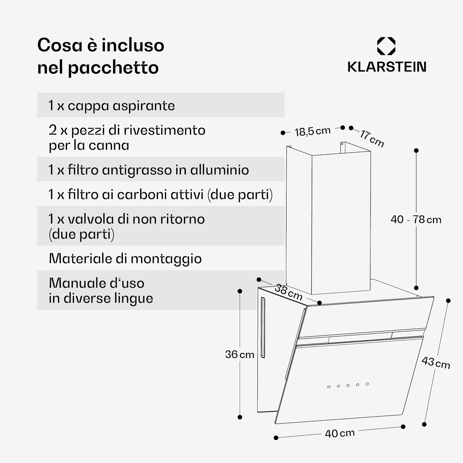 Alina - Cappa aspirante | 40 cm | 570 m³/ora | Silenziosa | Classe energetica A 