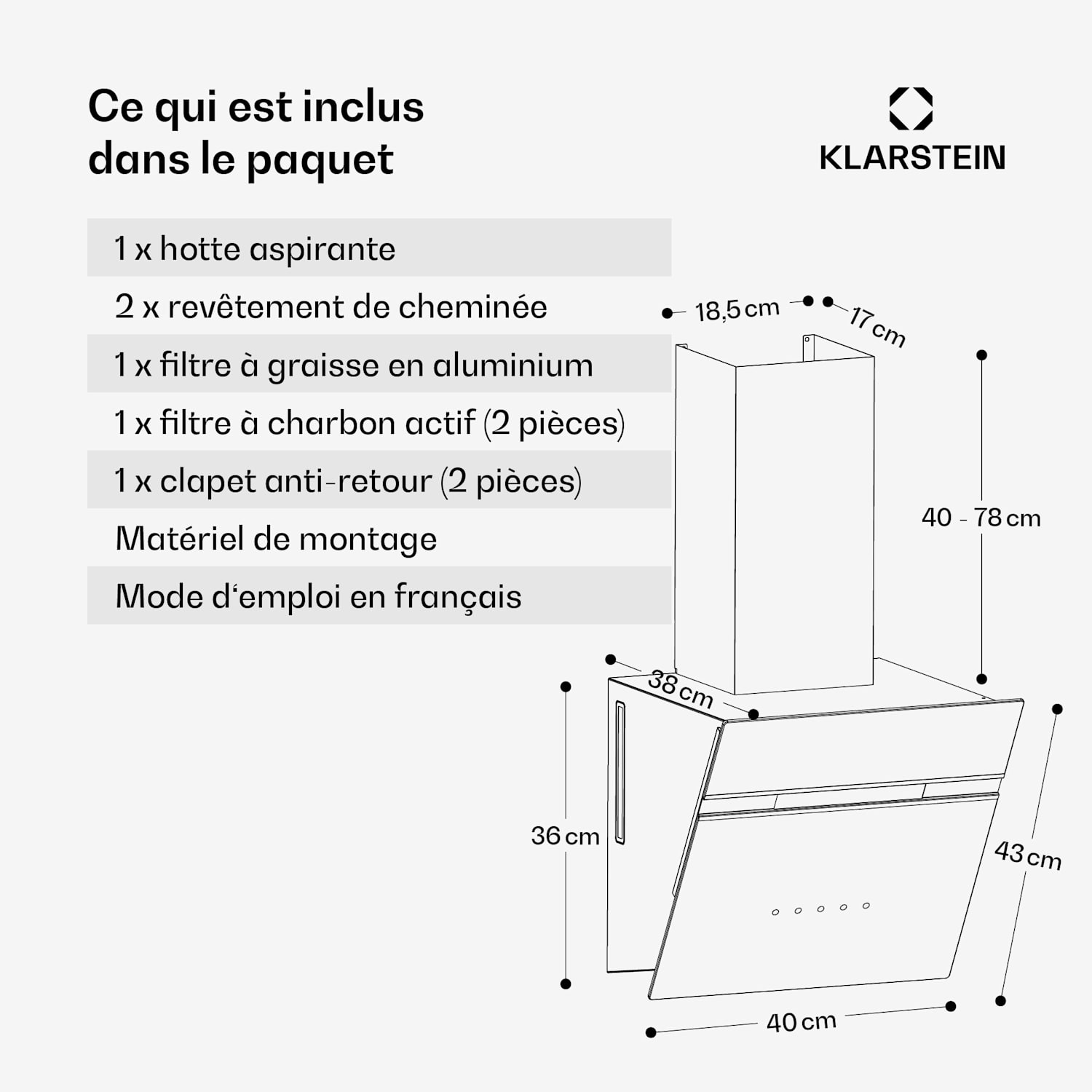 Alina hotte de cuisine | 40 cm | 570 m³/h | Silencieuse | CEE A 
