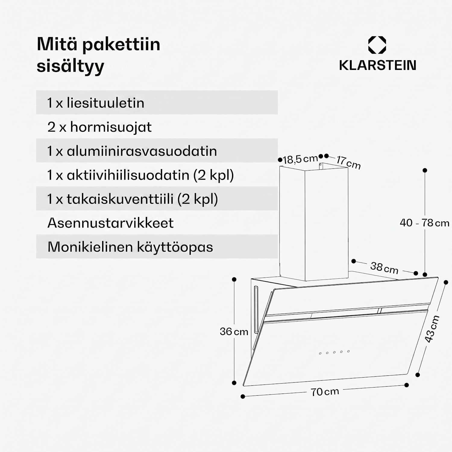 Alina liesituuletin | 70 cm | 600 m³/h | Hiljainen | EEK A 70 cm | Ei | Musta