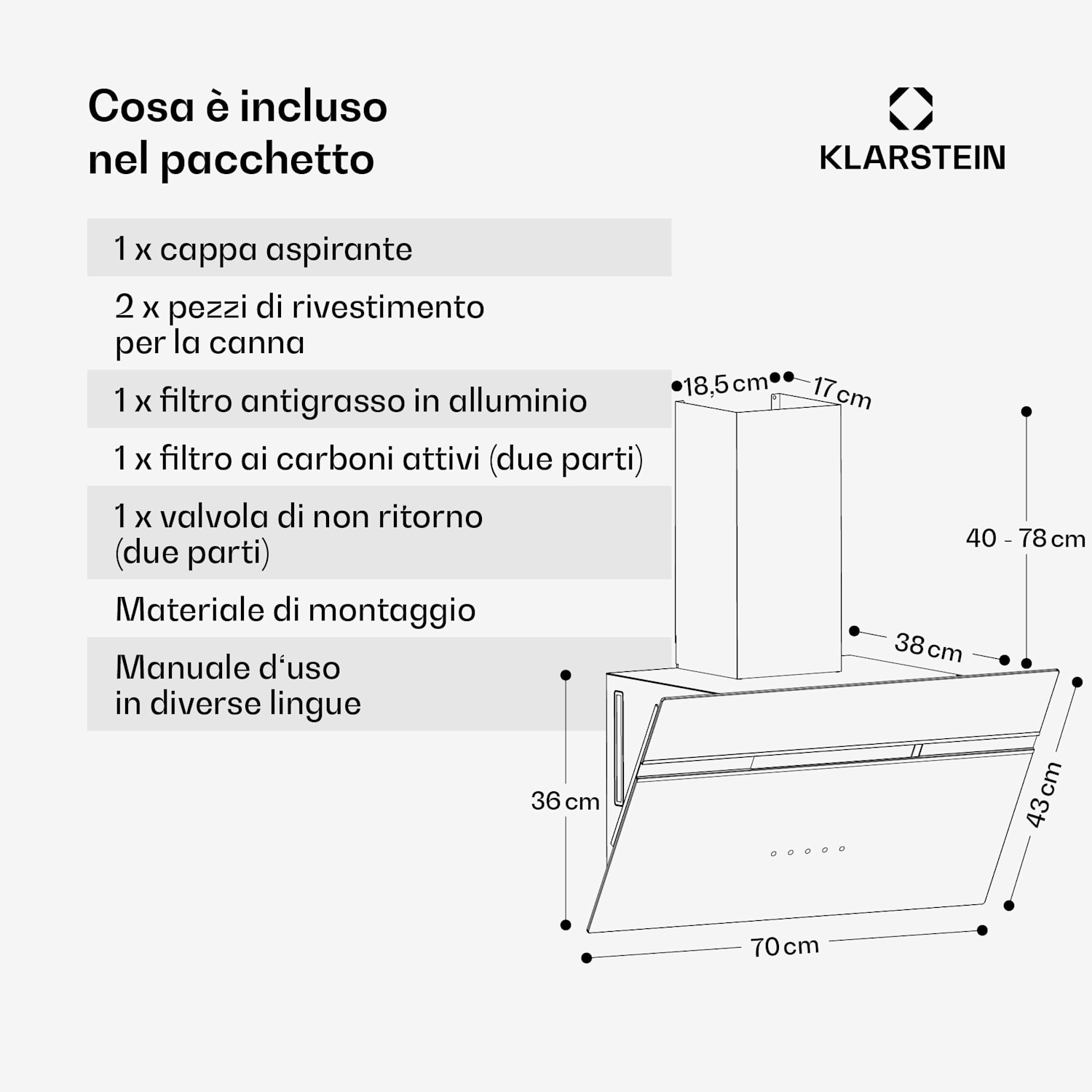 Alina - Cappa aspirante | 70 cm | 600 m³/ora | Silenziosa | Classe energetica A 