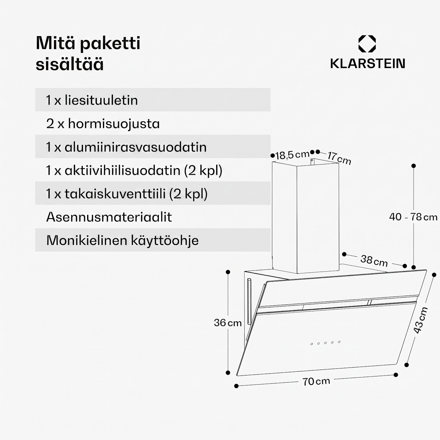 Alina liesituuletin | 70 cm | 600 m³/h | Hiljainen | EEK A 70 cm | Ei | Valkoinen