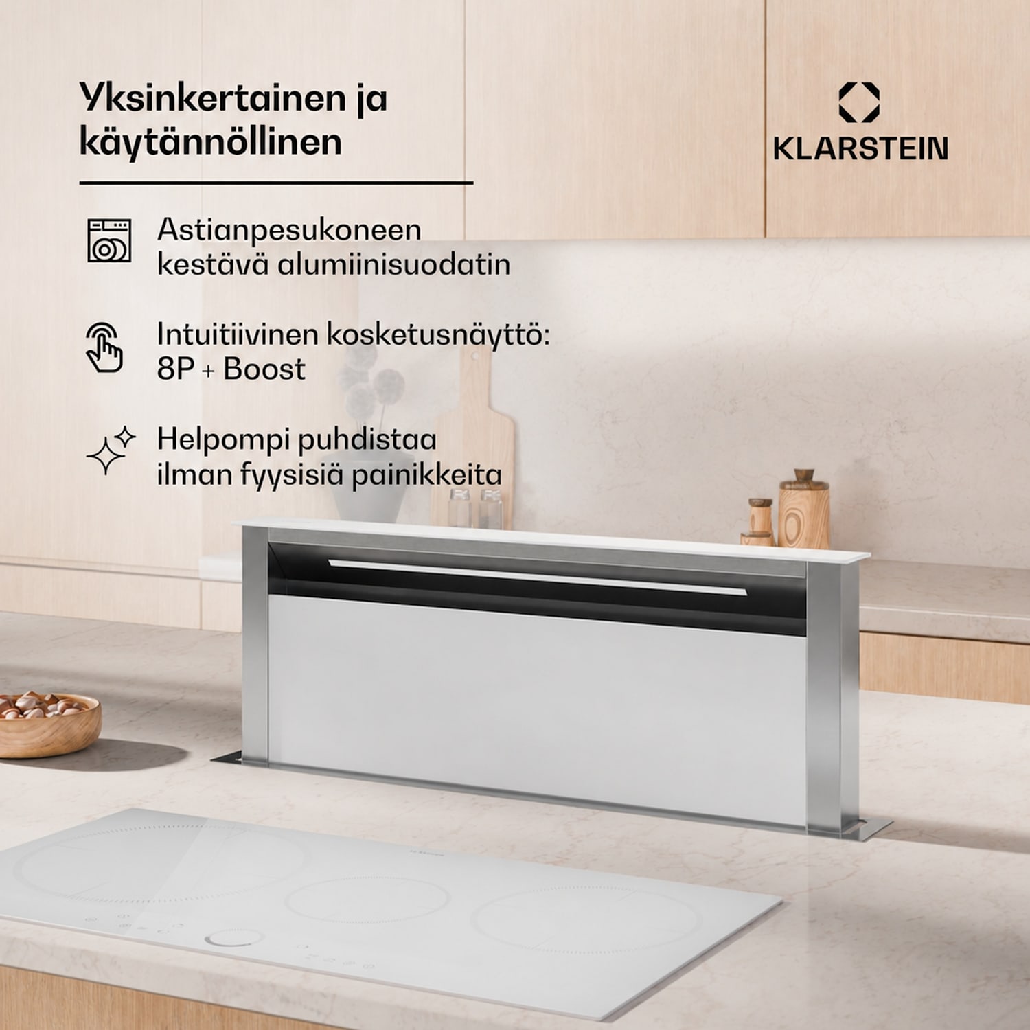 Royal Flush Eco-liesituuletin | upotettava | 714 m³/h | turbo | kosketusohjaus | energiatehokkuusluokka A++ 90 cm | Valkoinen | Hopea